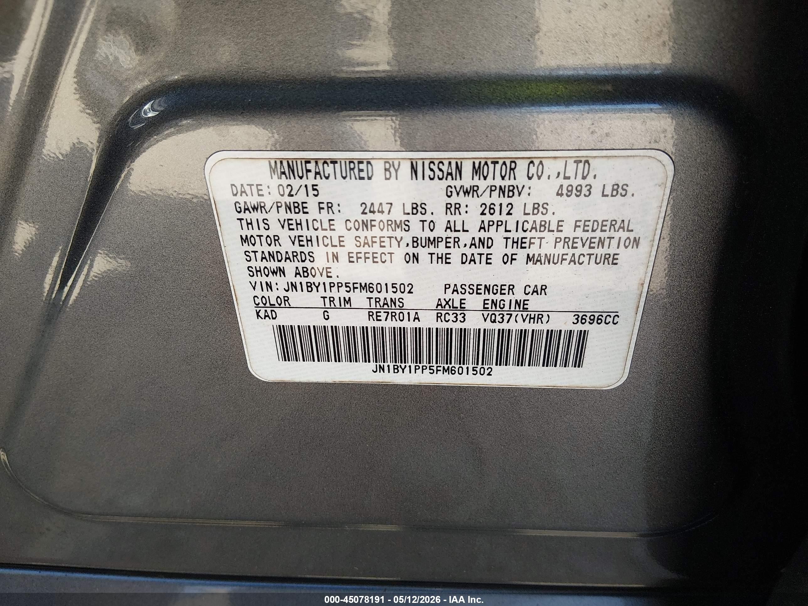 2015 Infiniti Q70l 3.7 Gray vin: JN1BY1PP5FM601502