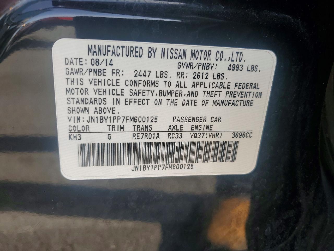 2015 Infiniti Q70l 3.7 Black vin: JN1BY1PP7FM600125