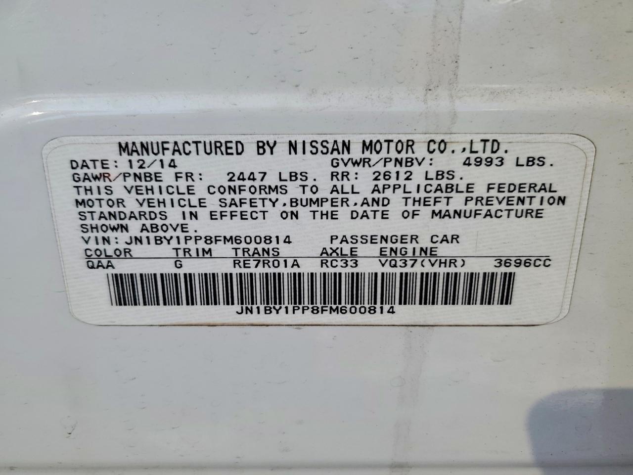 2015 Infiniti Q70l 3.7 White vin: JN1BY1PP8FM600814
