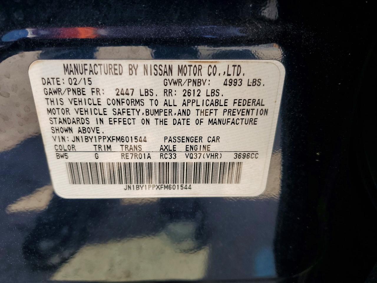 2015 Infiniti Q70l 3.7 Black vin: JN1BY1PPXFM601544