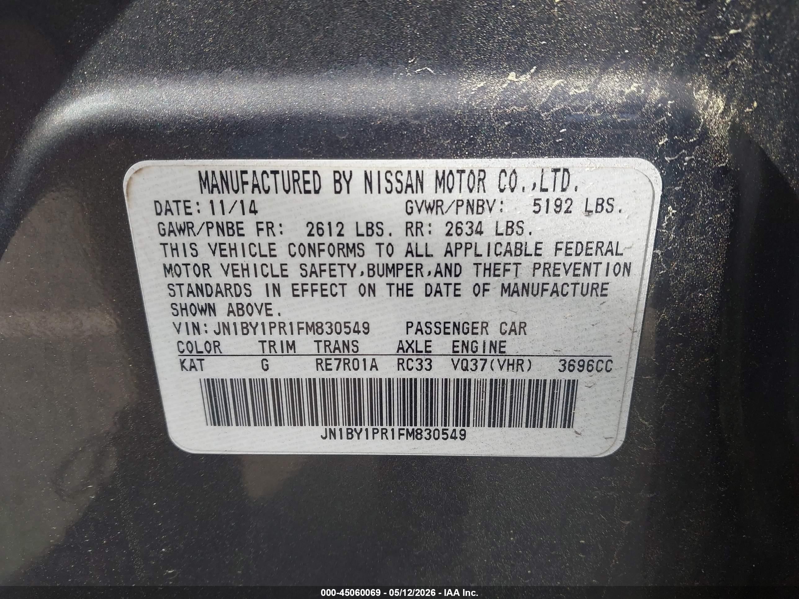 2015 Infiniti Q70l 3.7x Gray vin: JN1BY1PR1FM830549