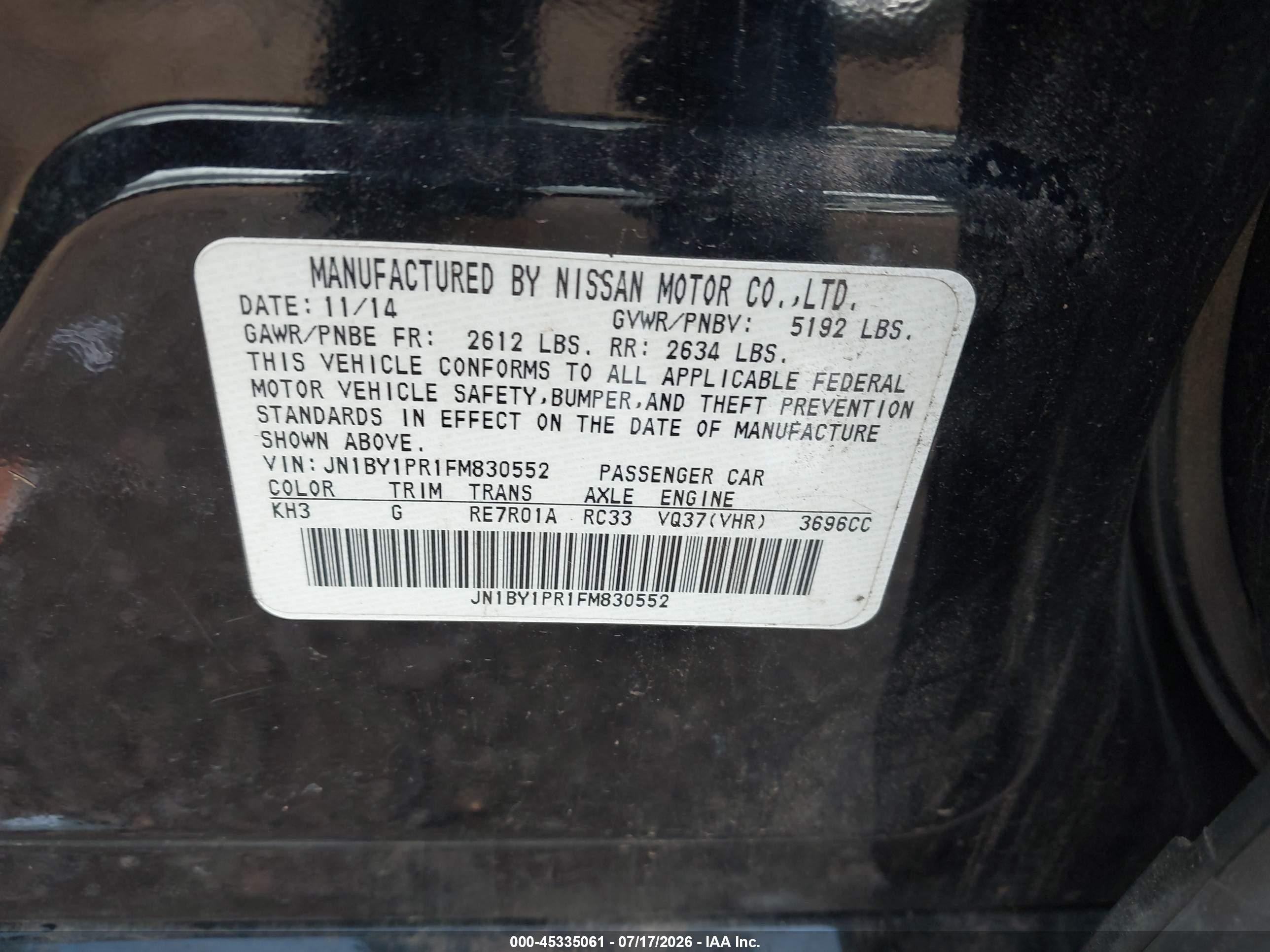 2015 Infiniti Q70l 3.7x Black vin: JN1BY1PR1FM830552