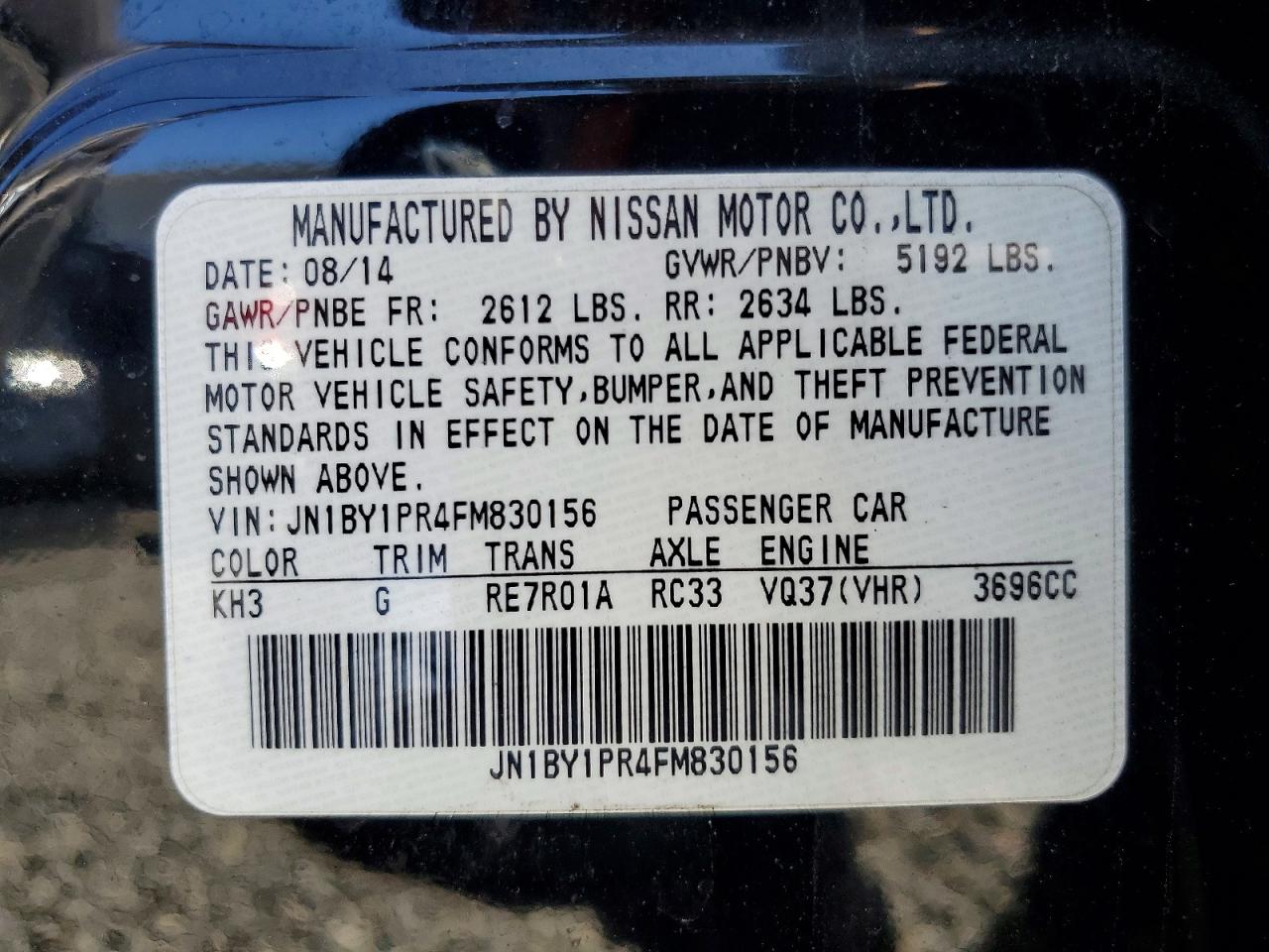 2015 Infiniti Q70l 3.7 Black vin: JN1BY1PR4FM830156