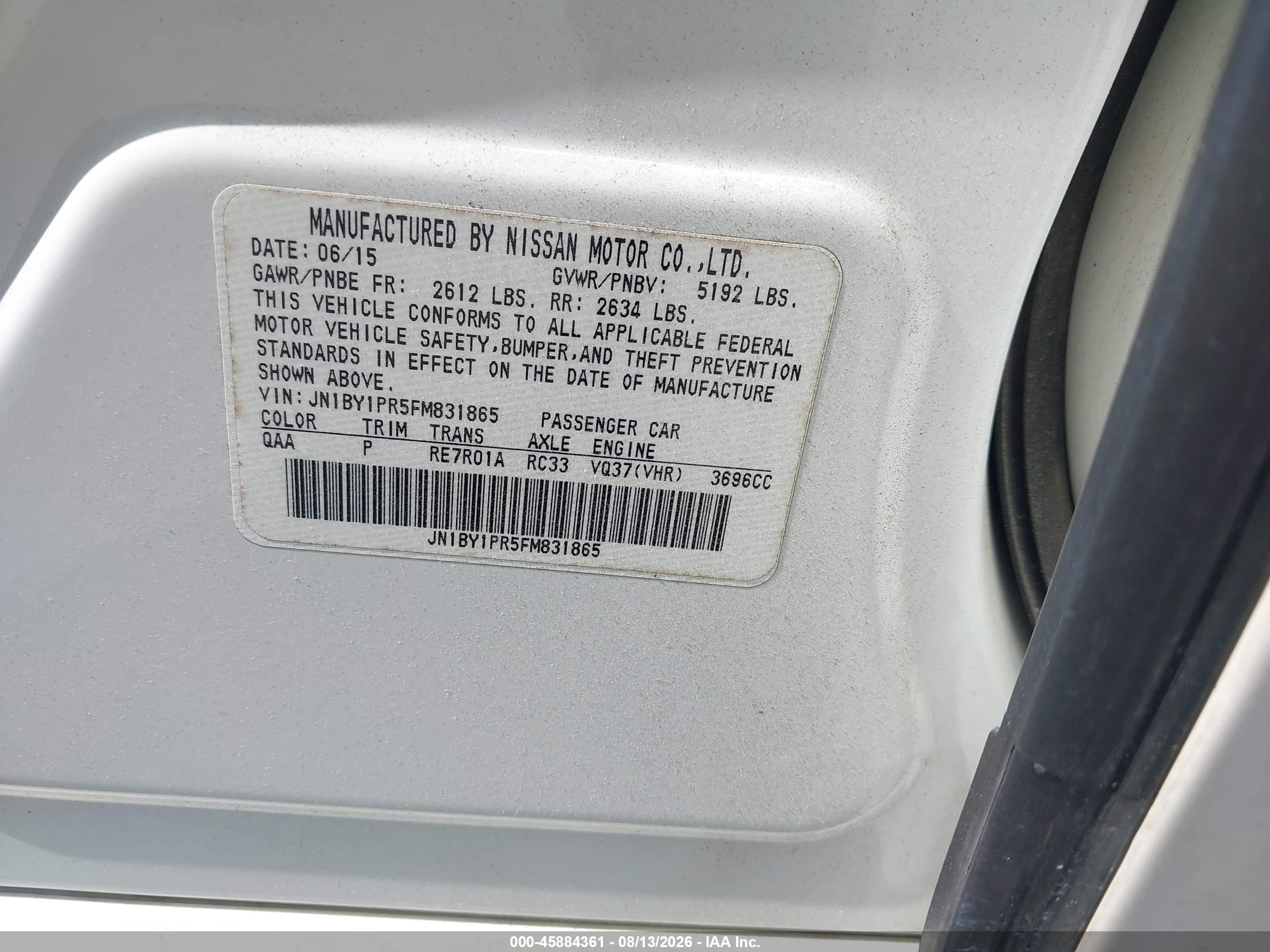 2015 Infiniti Q70l 3.7x White vin: JN1BY1PR5FM831865