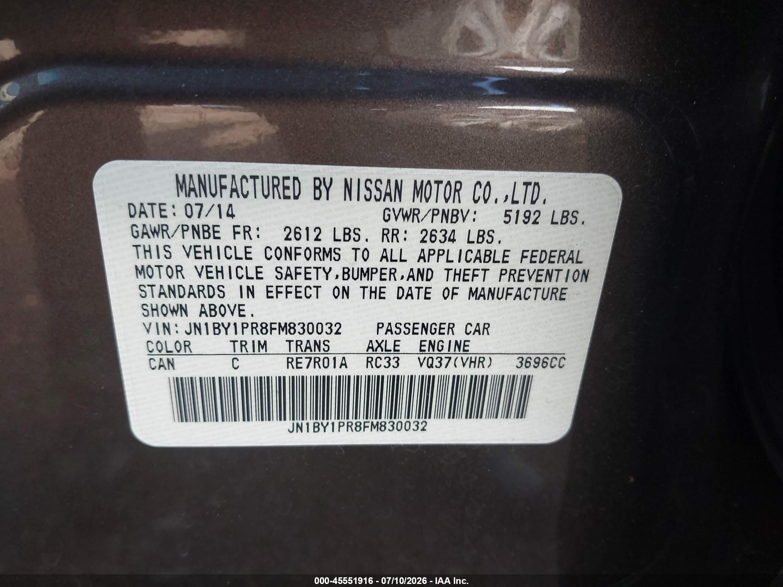 2015 Infiniti Q70l 3.7x Brown vin: JN1BY1PR8FM830032