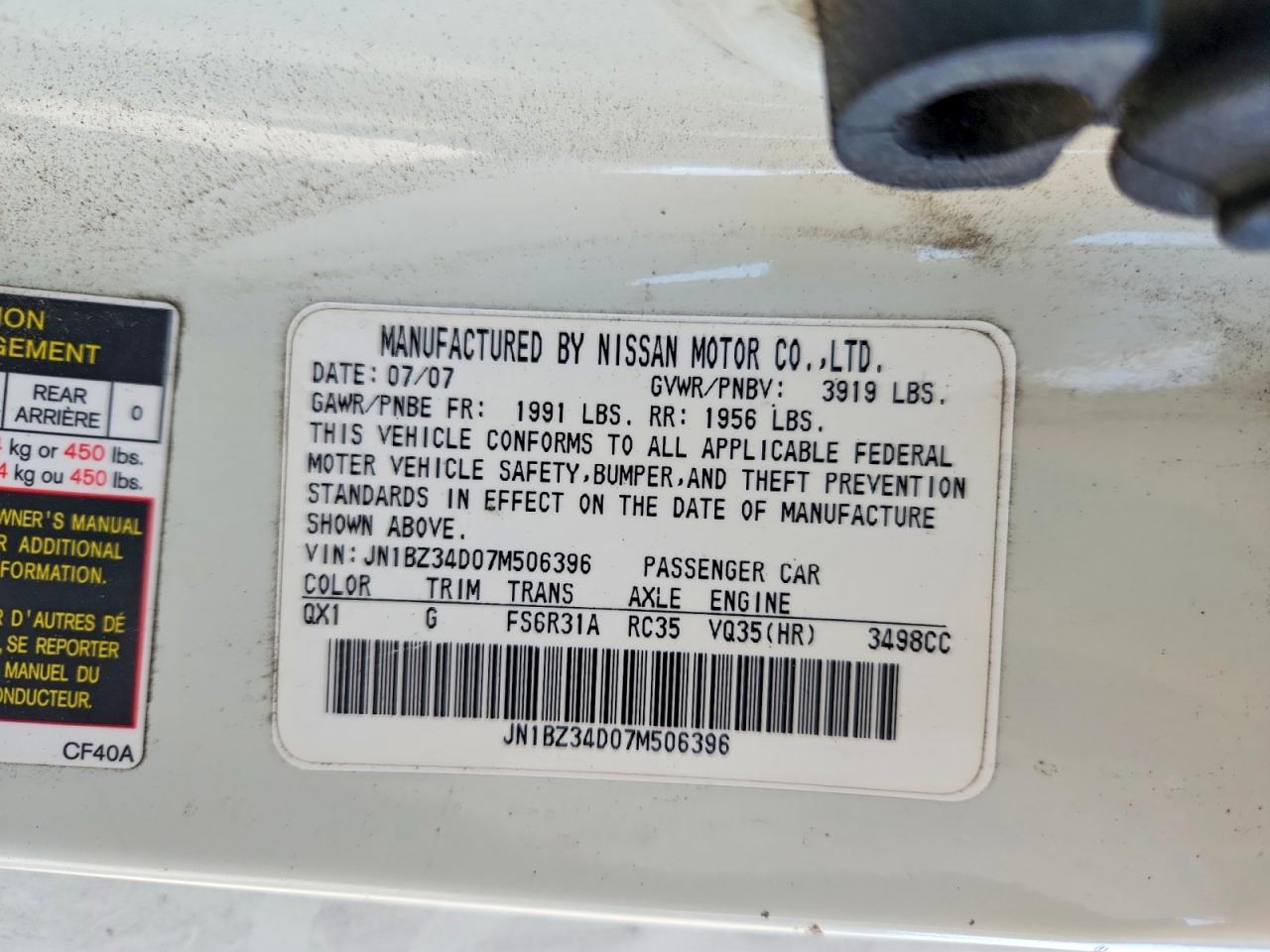 2007 Nissan 350z White vin: JN1BZ34D07M506396