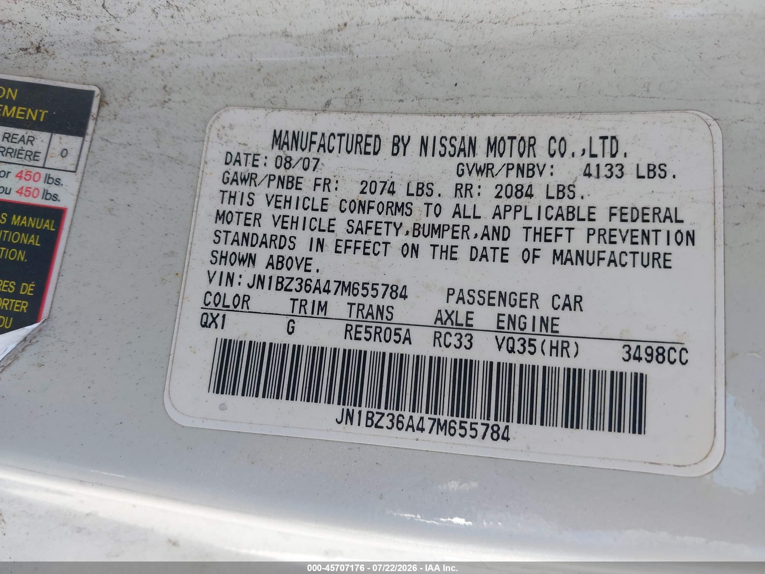 2007 Nissan 350z Touring White vin: JN1BZ36A47M655784