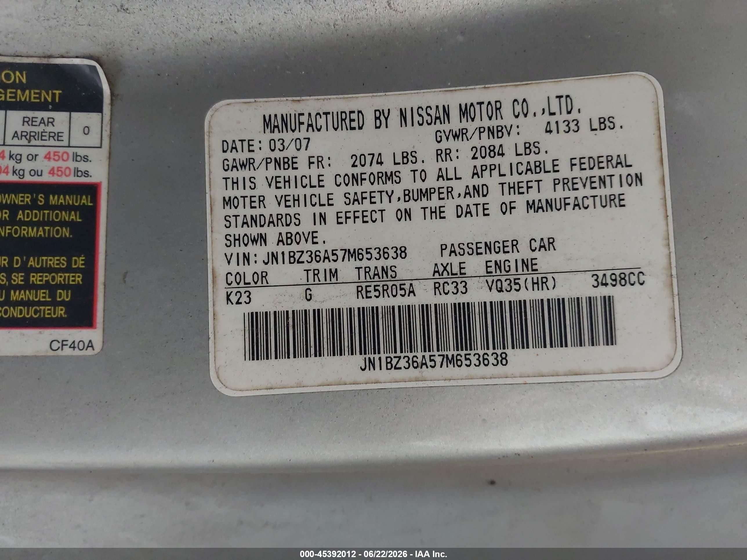 2007 Nissan 350z Touring Silver vin: JN1BZ36A57M653638
