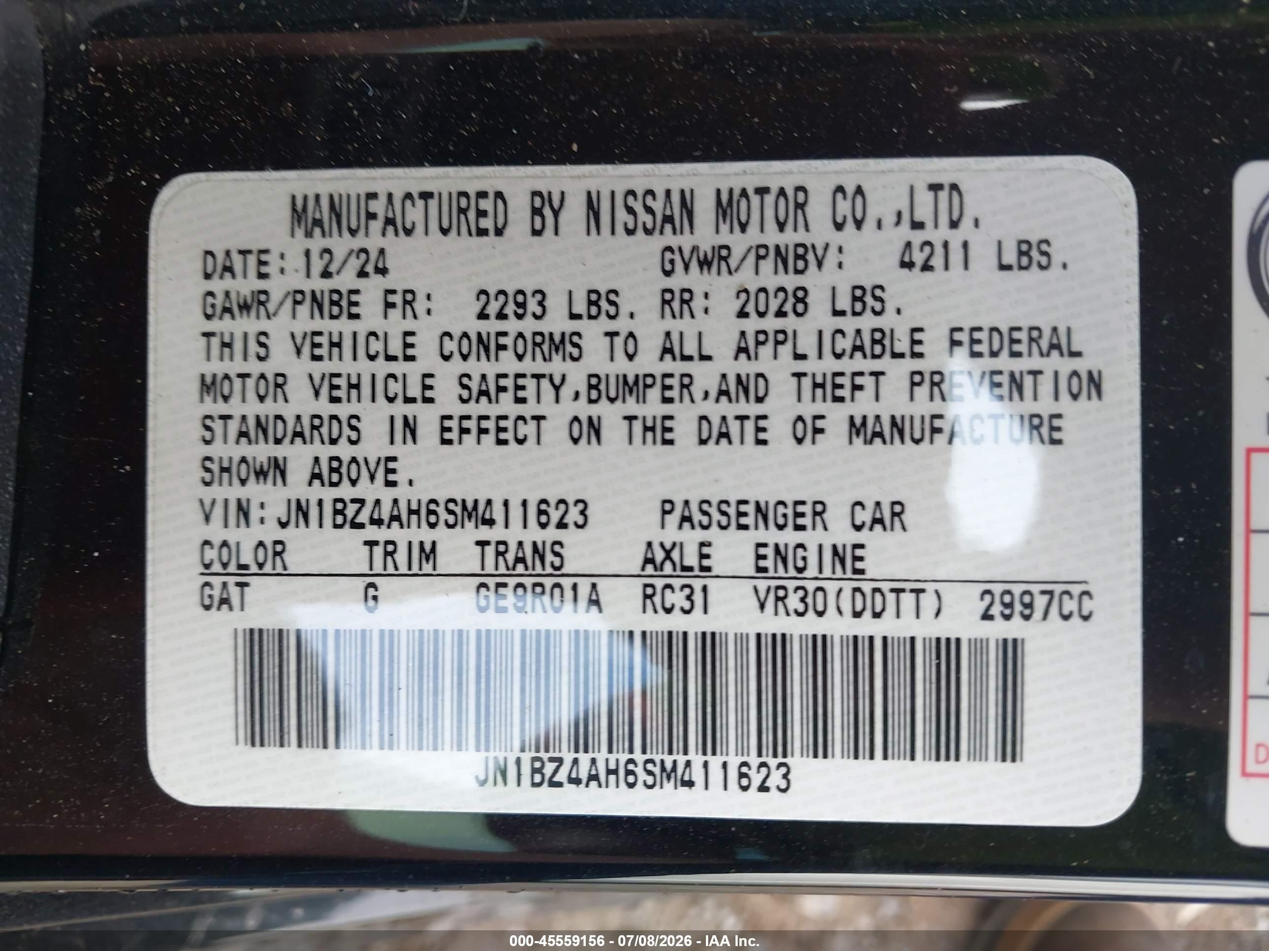 2025 Nissan Z Sport Automatic Transmission Black vin: JN1BZ4AH6SM411623
