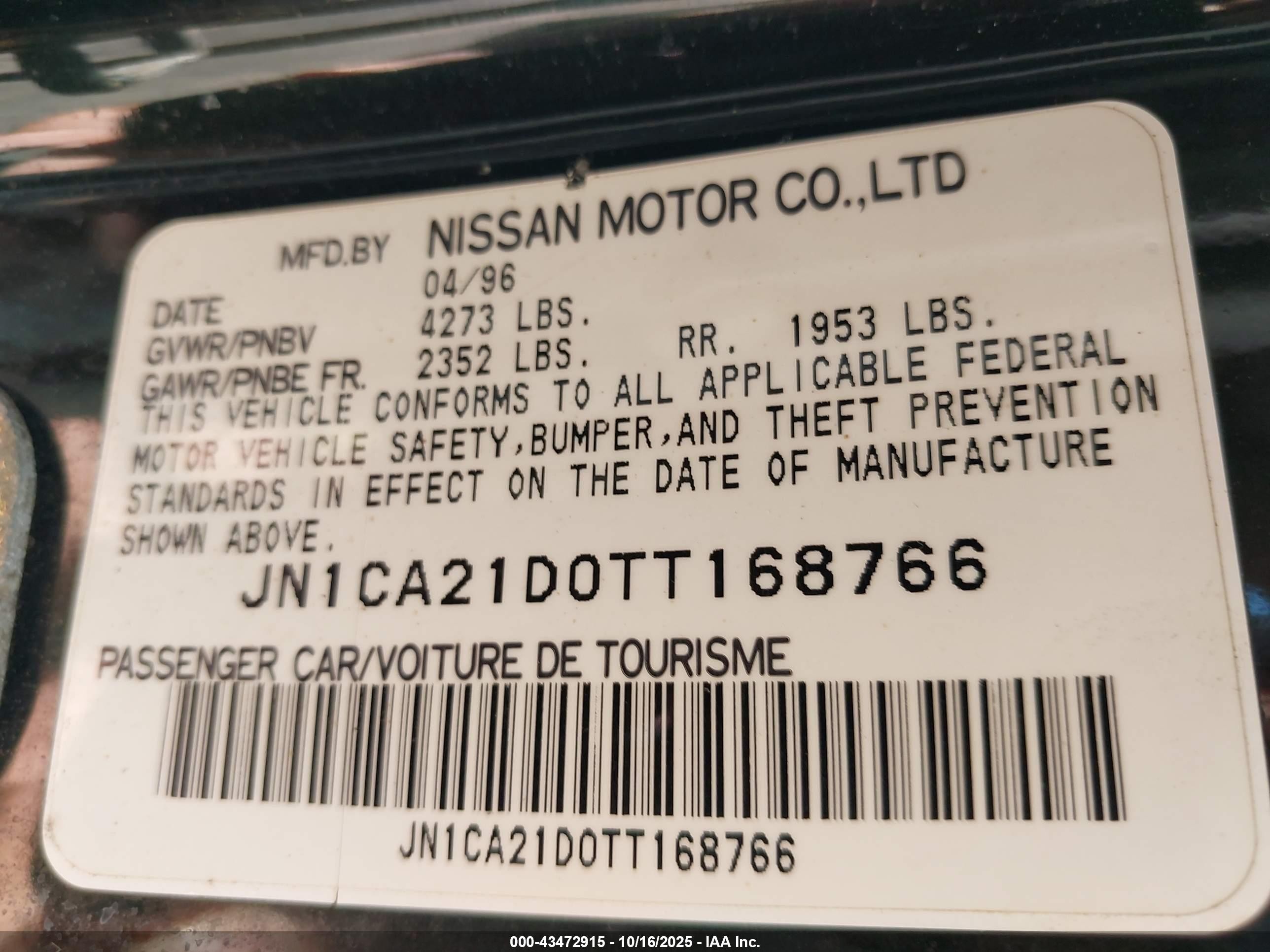 1996 Nissan Maxima Gle/gxe/se Green vin: JN1CA21D0TT168766