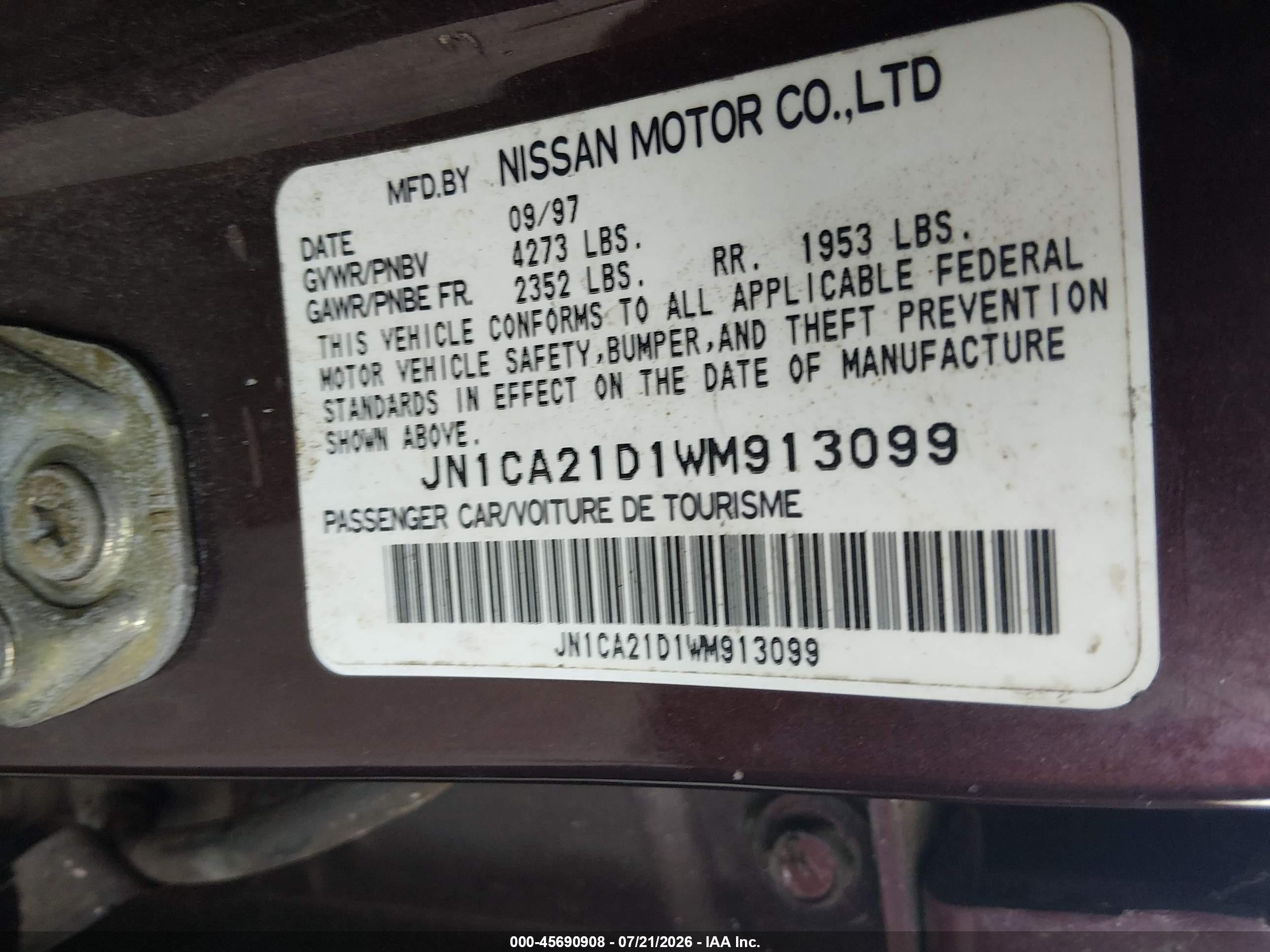 1998 Nissan Maxima Gle/gxe/se Темно-бордовый vin: JN1CA21D1WM913099