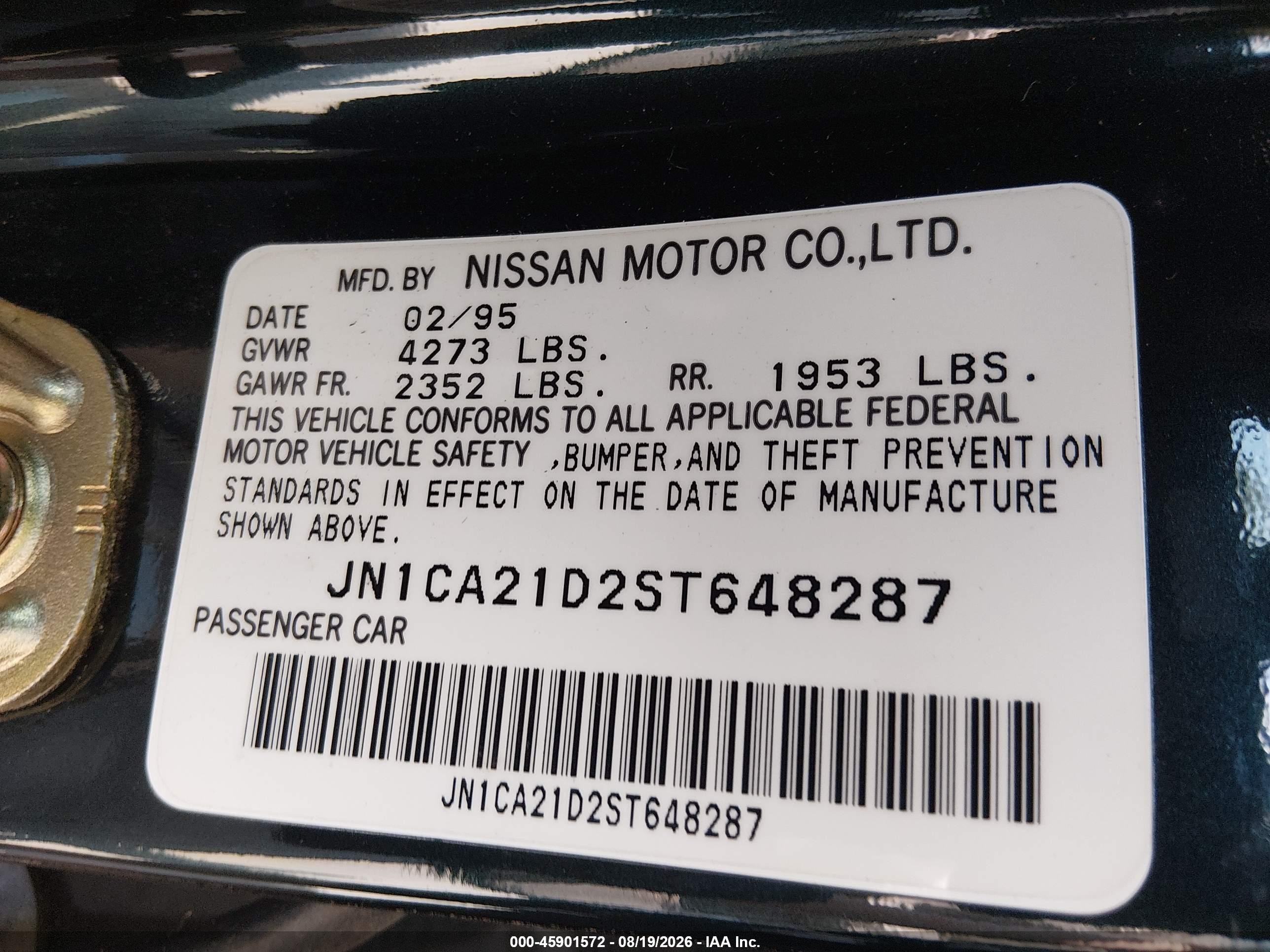 1995 Nissan Maxima Gle/gxe/se Green vin: JN1CA21D2ST648287