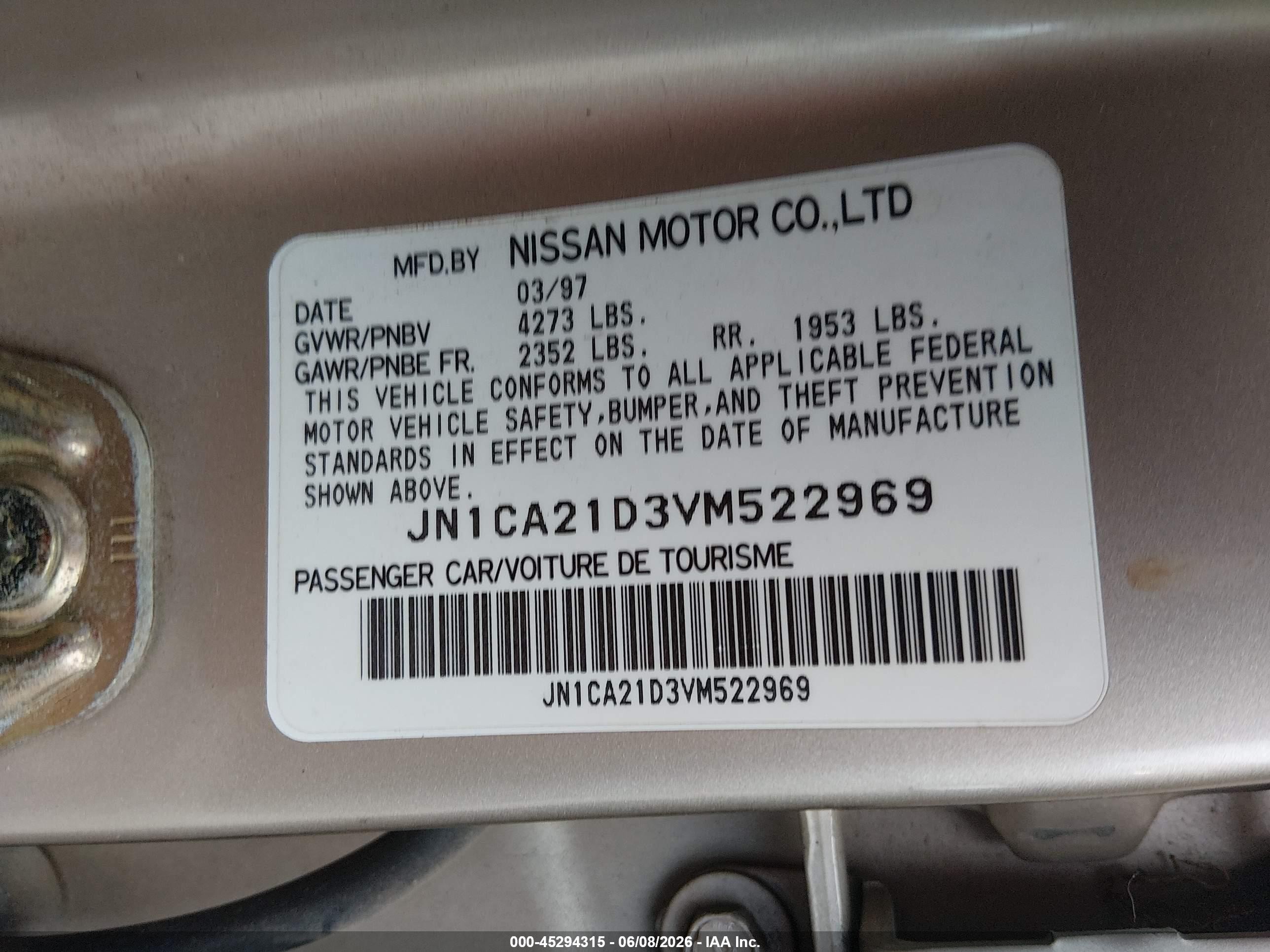 1997 Nissan Maxima Gle/gxe/se Gold vin: JN1CA21D3VM522969