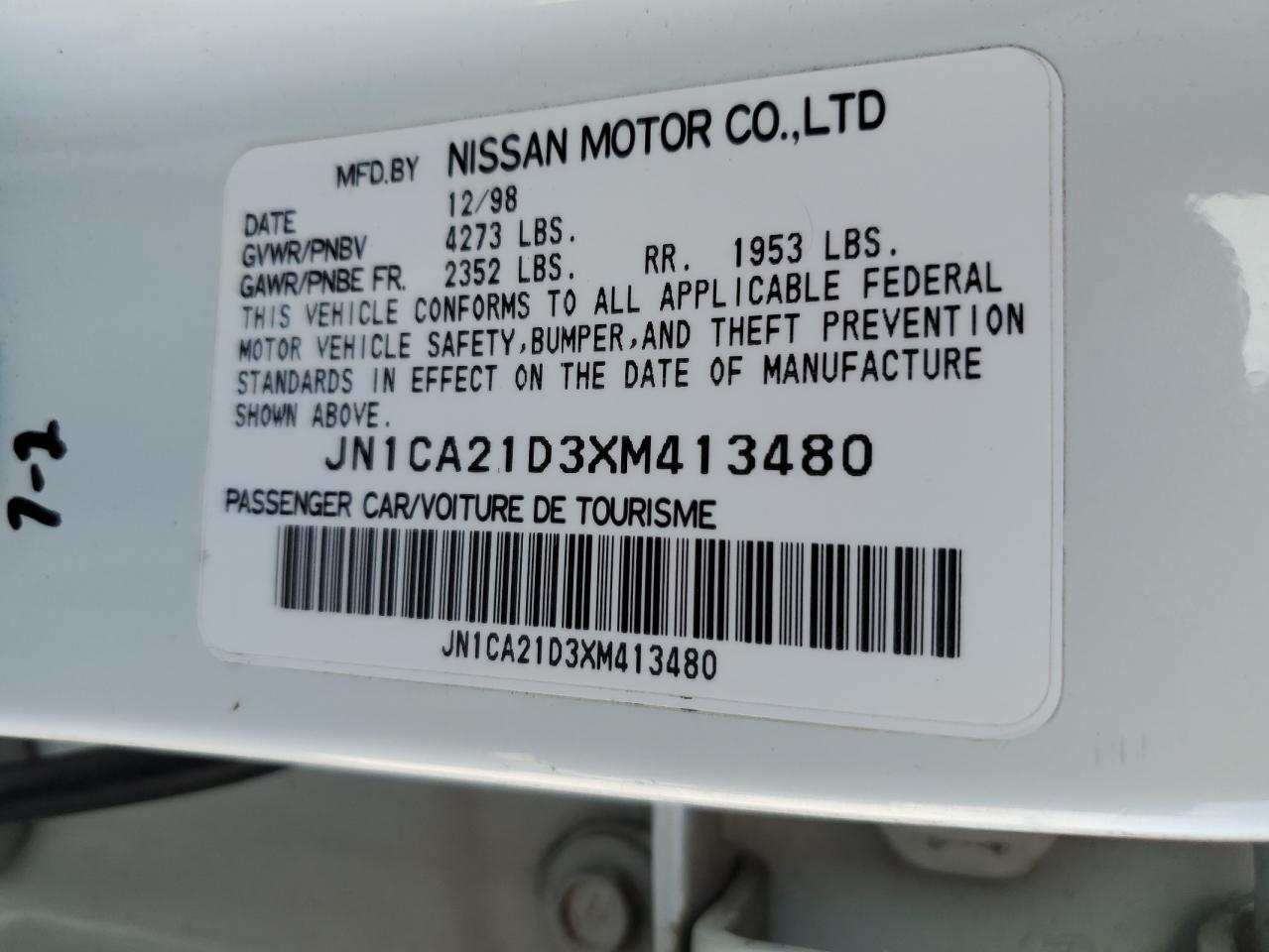 1999 Nissan Maxima Gle White vin: JN1CA21D3XM413480