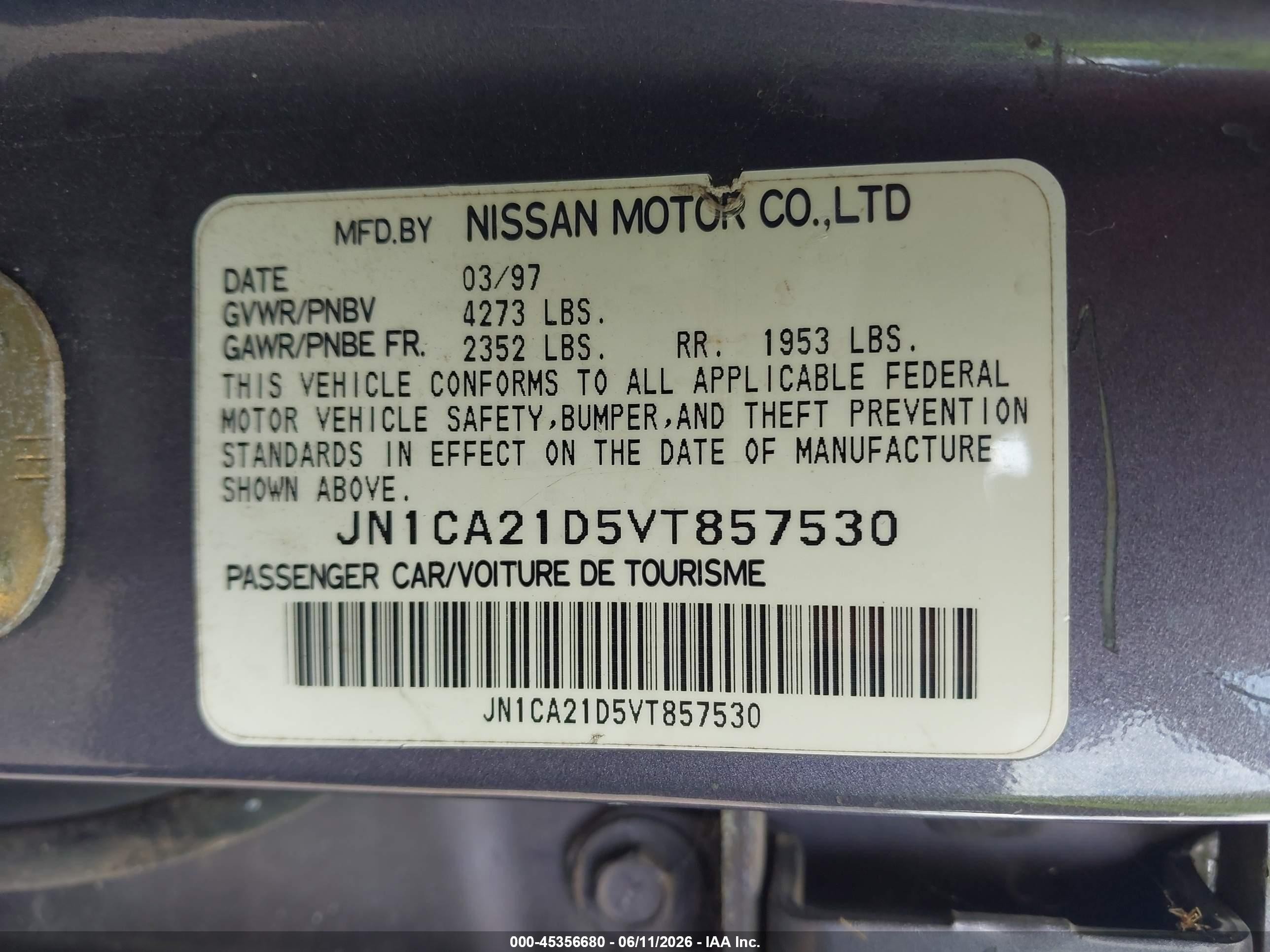 1997 Nissan Maxima Gle/gxe/se Gray vin: JN1CA21D5VT857530