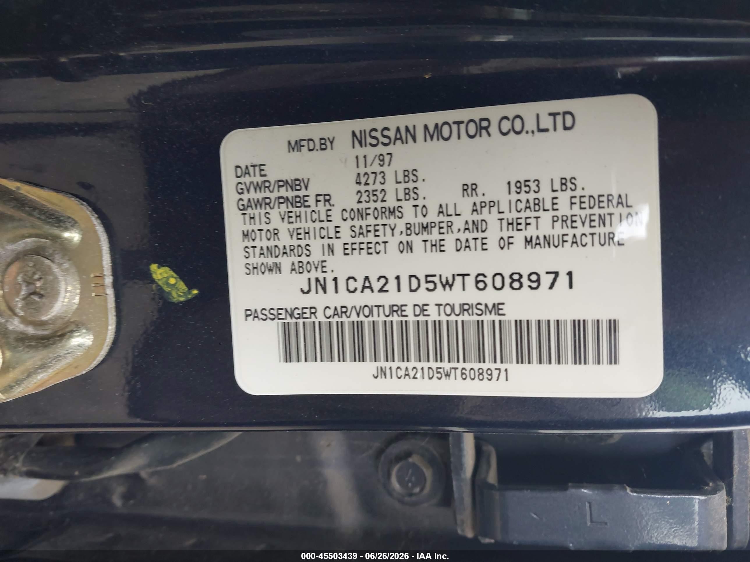 1998 Nissan Maxima Gle/gxe/se Blue vin: JN1CA21D5WT608971