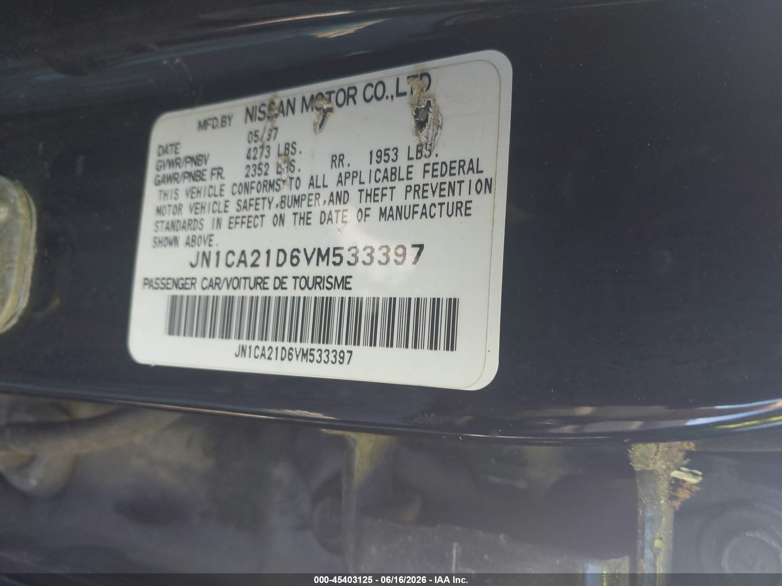 1997 Nissan Maxima Gle/gxe/se Black vin: JN1CA21D6VM533397