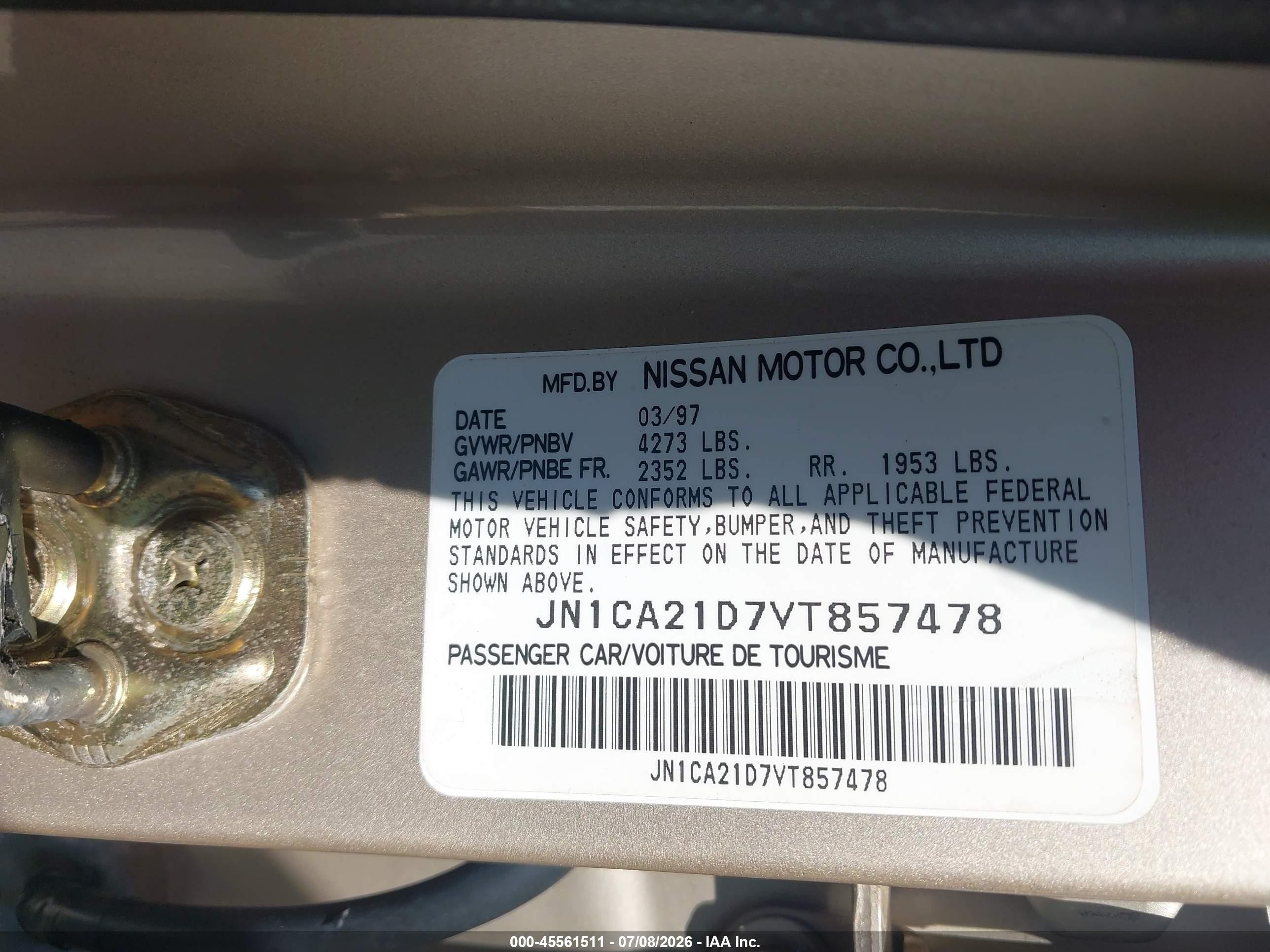 1997 Nissan Maxima Gle/gxe/se Gold vin: JN1CA21D7VT857478