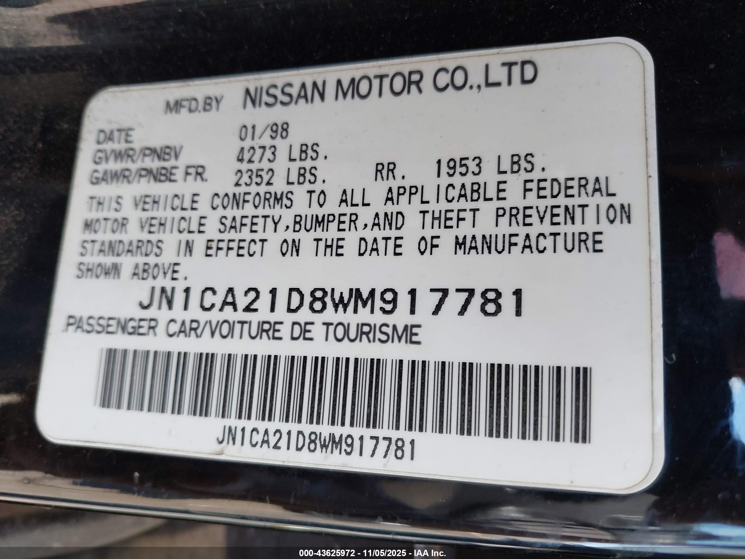 1998 Nissan Maxima Gle/gxe/se Черный vin: JN1CA21D8WM917781
