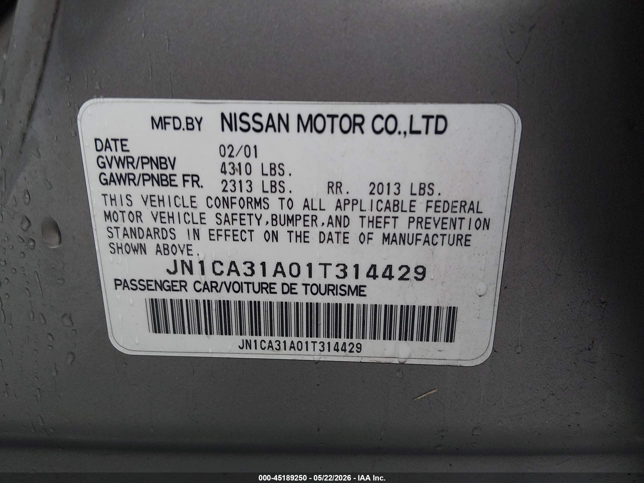 2001 Nissan Maxima Gle Silver vin: JN1CA31A01T314429