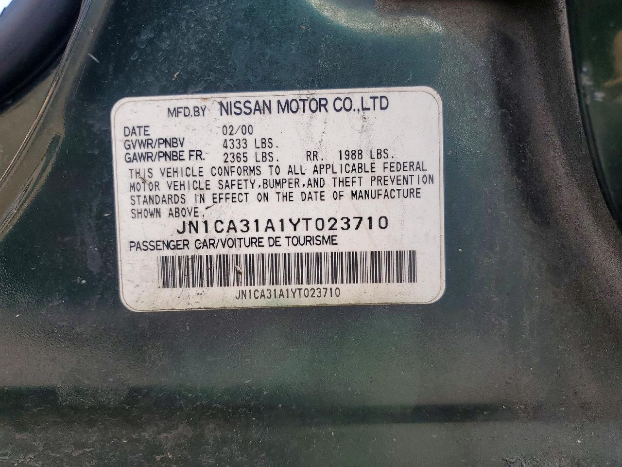2000 Nissan Maxima Gxe Green vin: JN1CA31A1YT023710