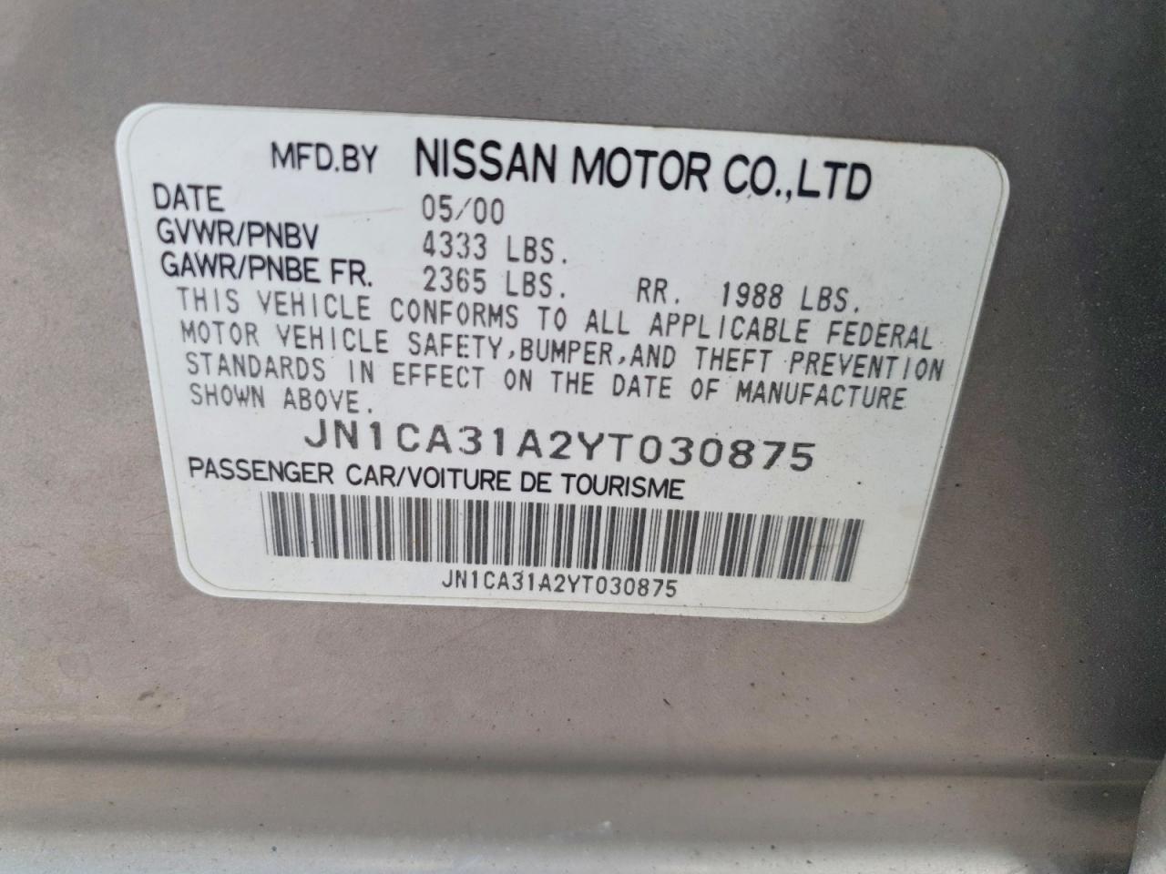 2000 Nissan Maxima Gle/gxe/se Серебряный vin: JN1CA31A2YT030875