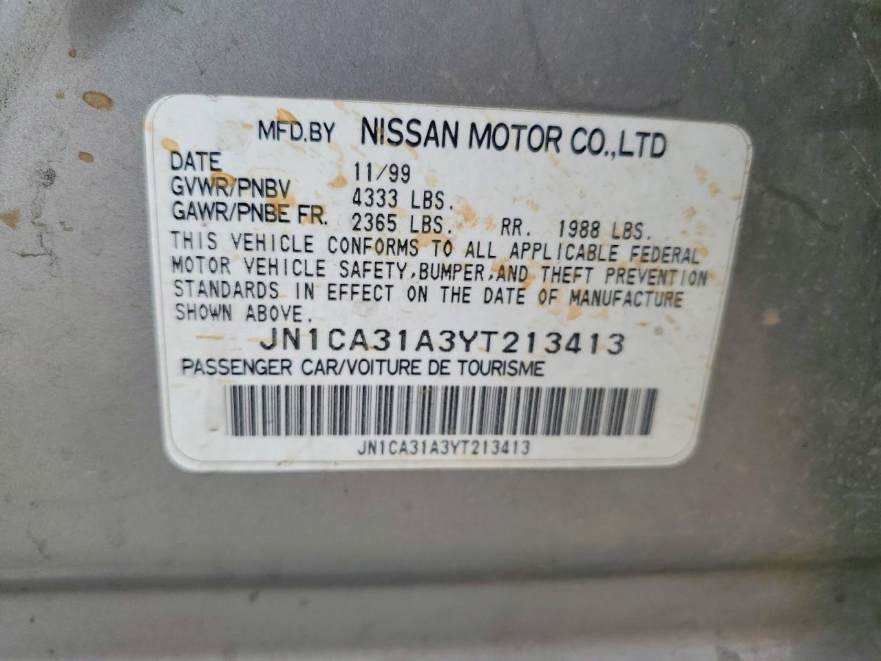 2000 Nissan Maxima Gxe Gray vin: JN1CA31A3YT213413