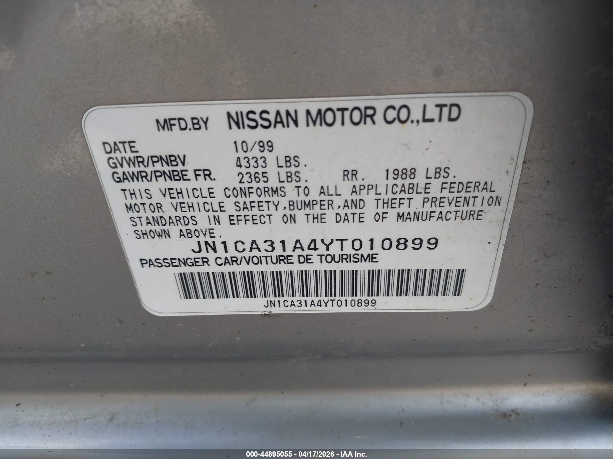 2000 Nissan Maxima Gle/gxe/se Silver vin: JN1CA31A4YT010899