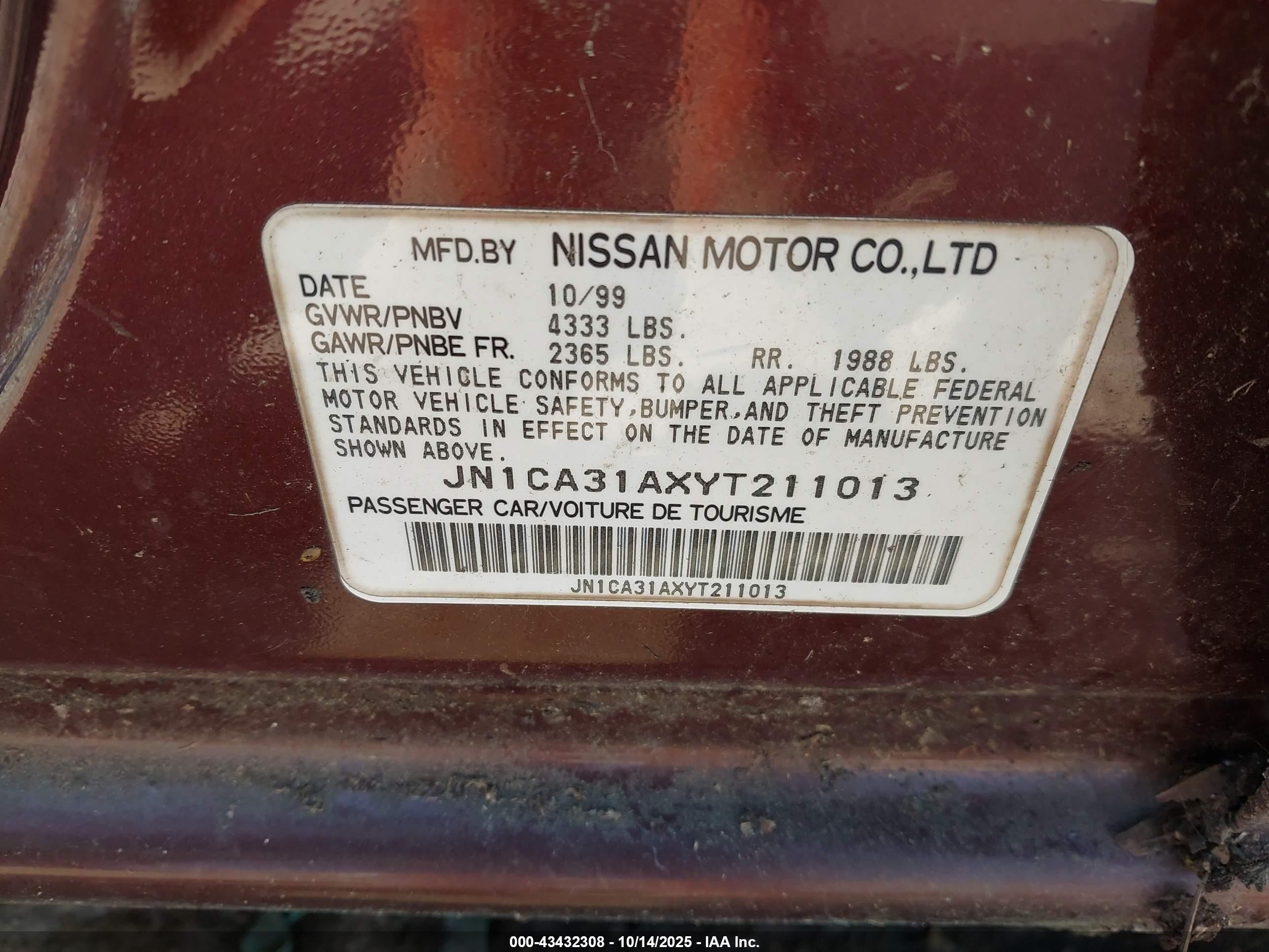 2000 Nissan Maxima Gle/gxe/se Red vin: JN1CA31AXYT211013