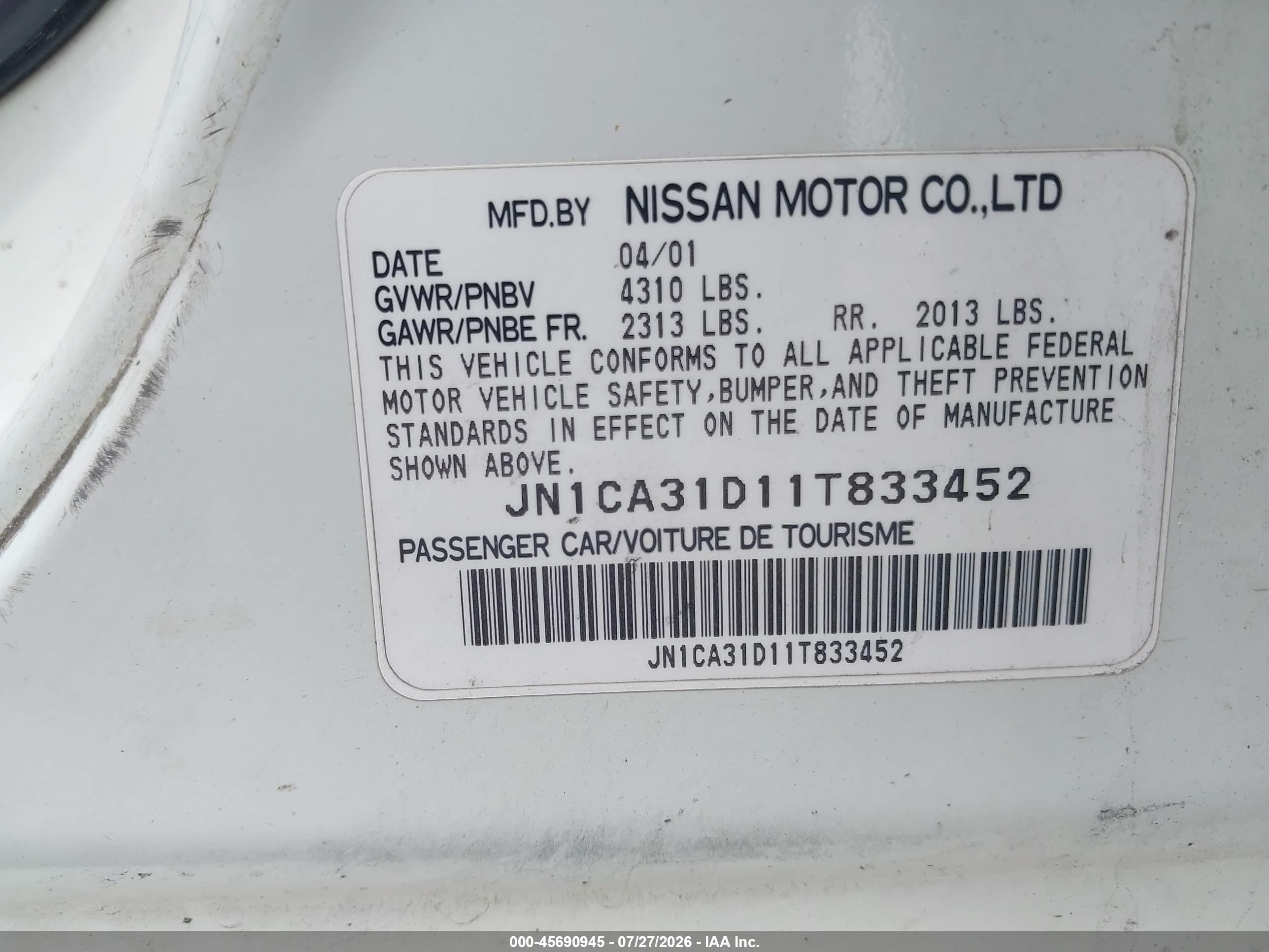 2001 Nissan Maxima Gxe Белый vin: JN1CA31D11T833452
