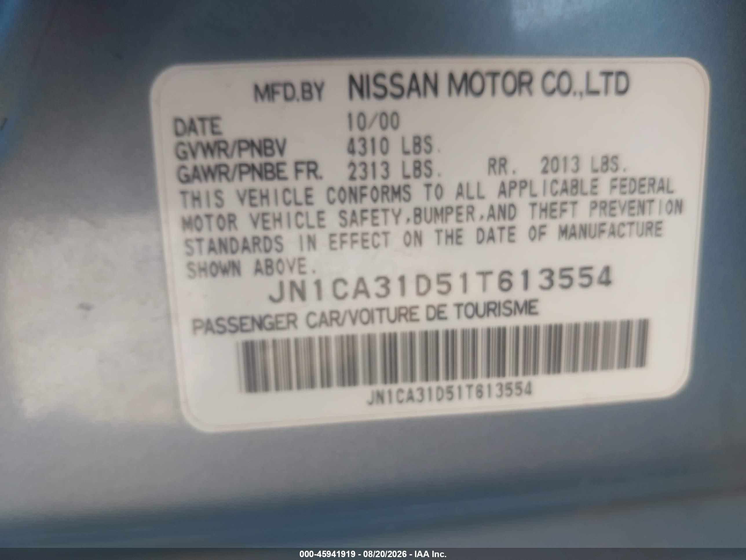 2001 Nissan Maxima Gxe Light Blue vin: JN1CA31D51T613554