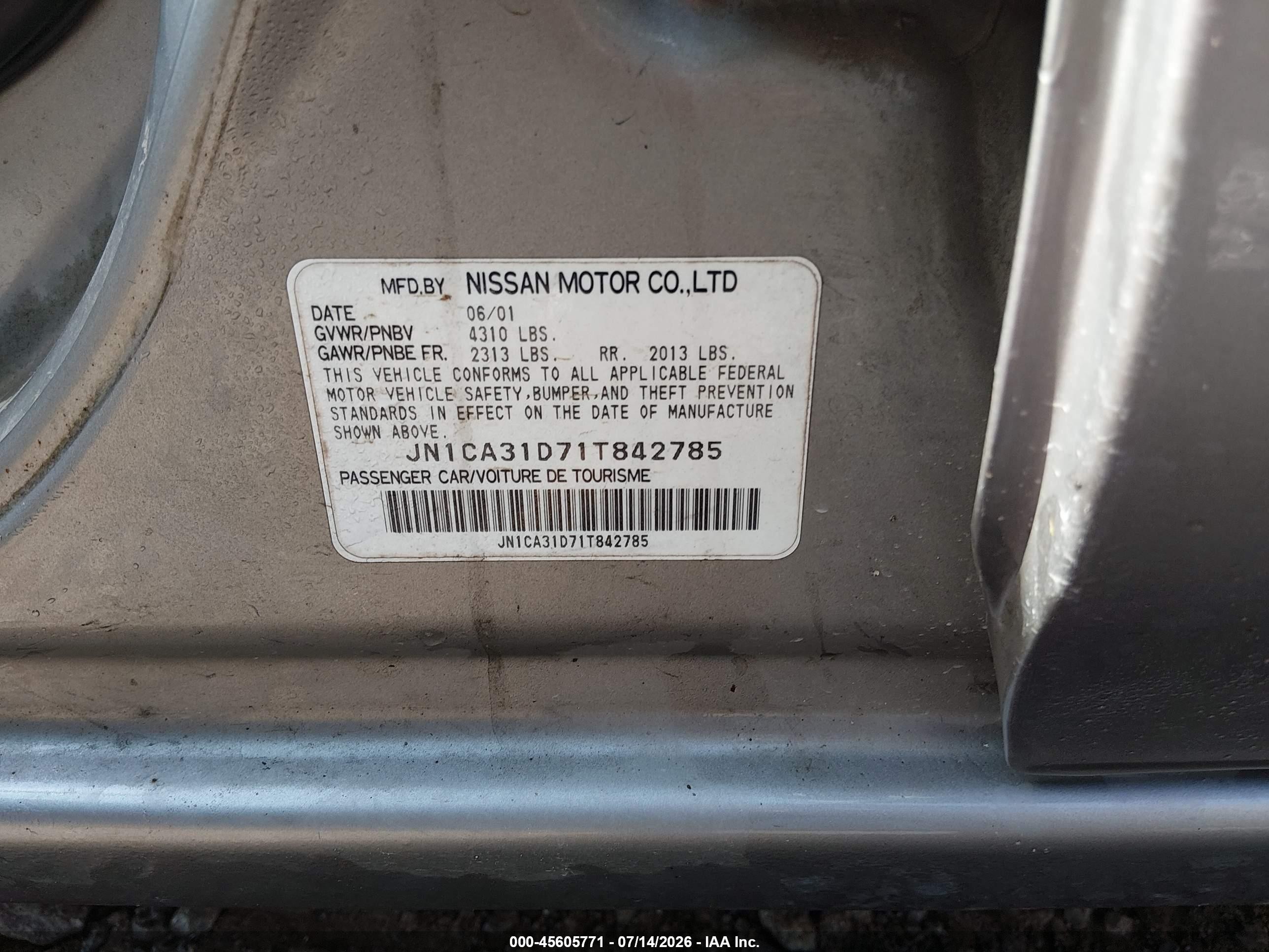 2001 Nissan Maxima Se Champagne vin: JN1CA31D71T842785