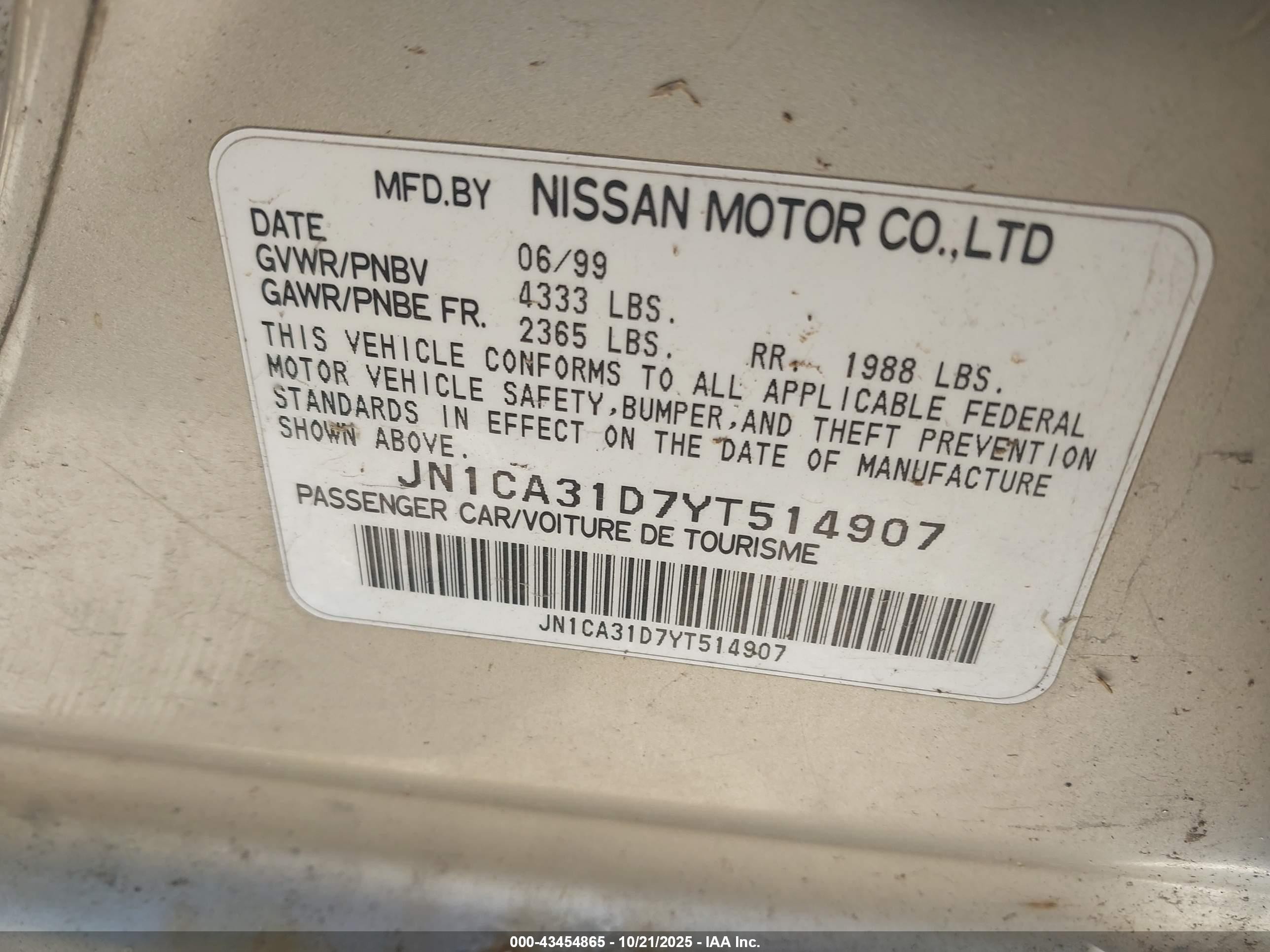 2000 Nissan Maxima Gle/gxe/se Золотой vin: JN1CA31D7YT514907