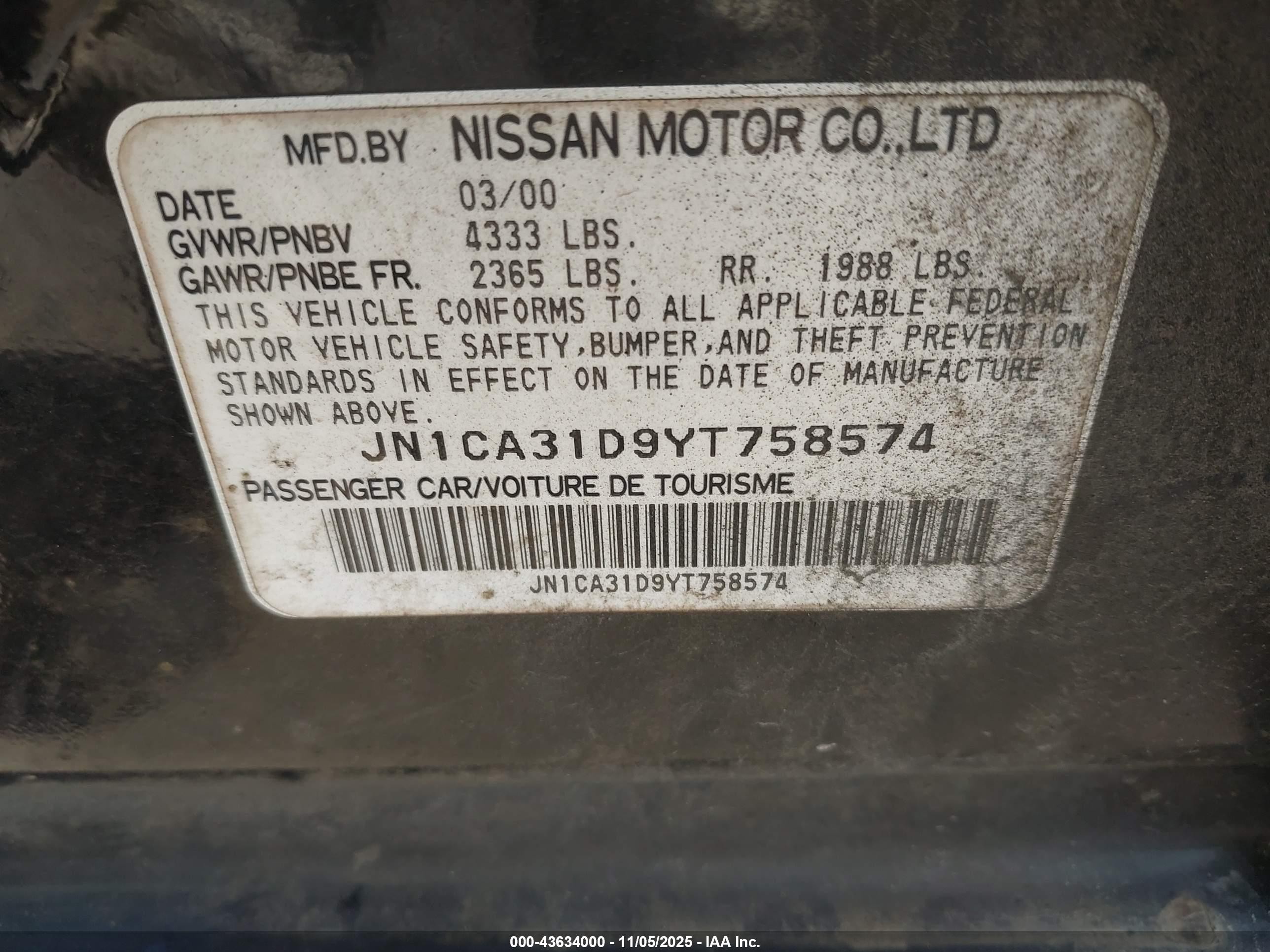 2000 Nissan Maxima Gle/gxe/se Черный vin: JN1CA31D9YT758574