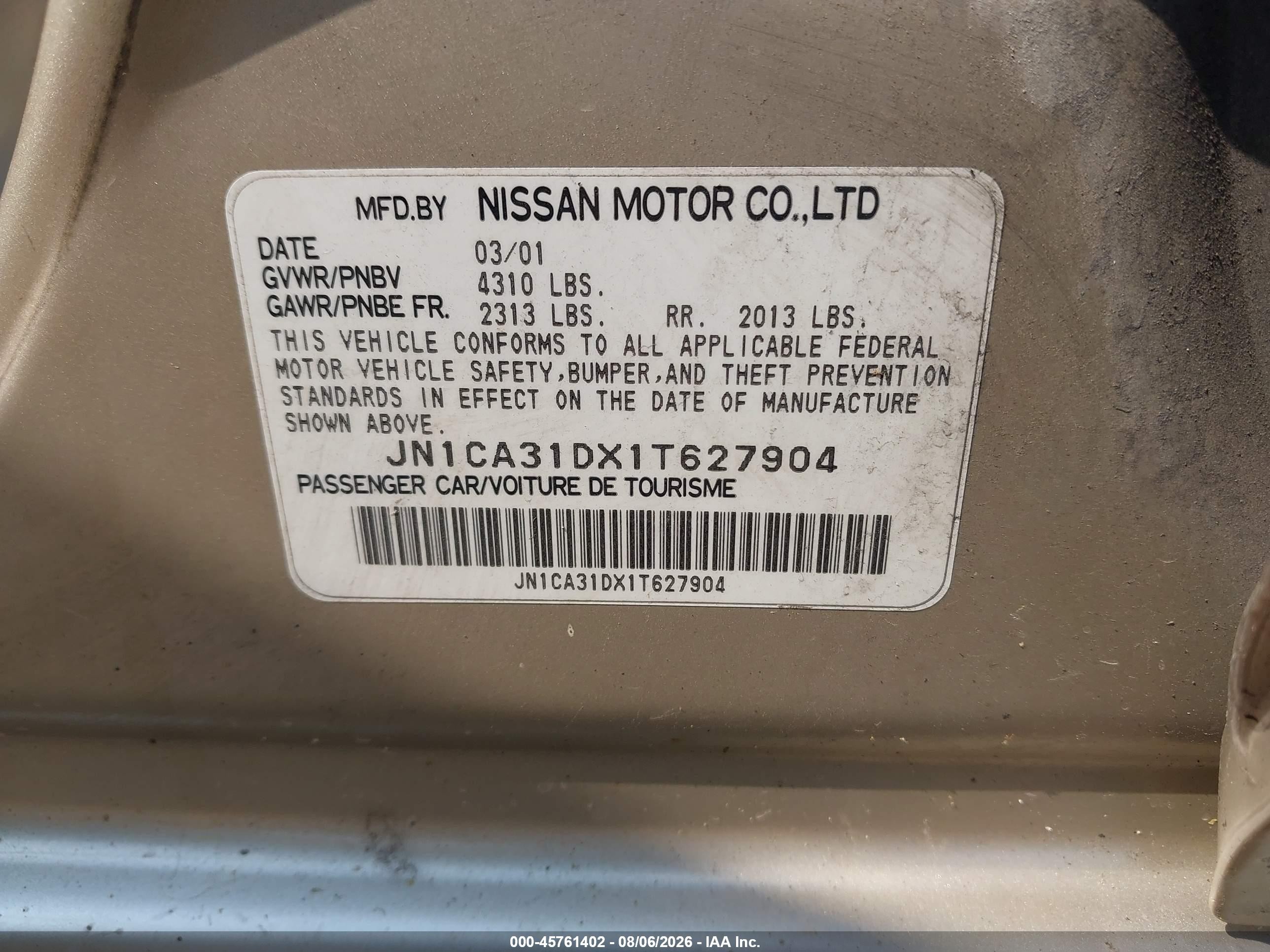 2001 Nissan Maxima Gxe Gold vin: JN1CA31DX1T627904