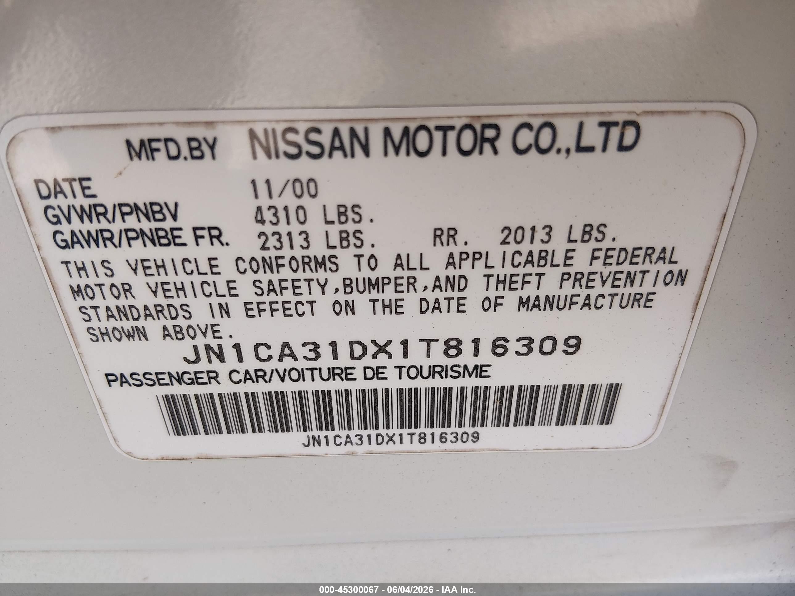 2001 Nissan Maxima Gle Белый vin: JN1CA31DX1T816309
