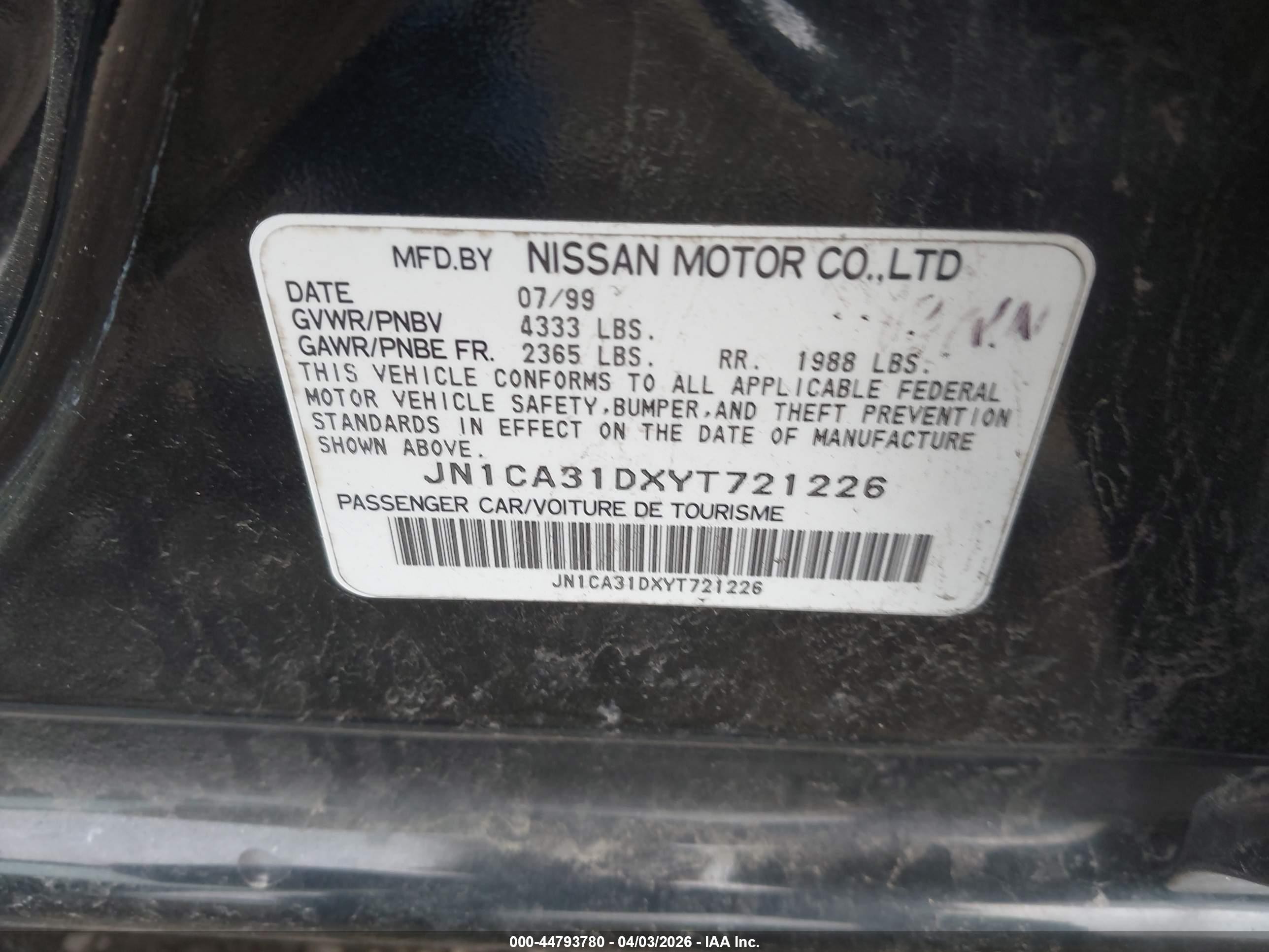 2000 Nissan Maxima Gle/gxe/se Black vin: JN1CA31DXYT721226
