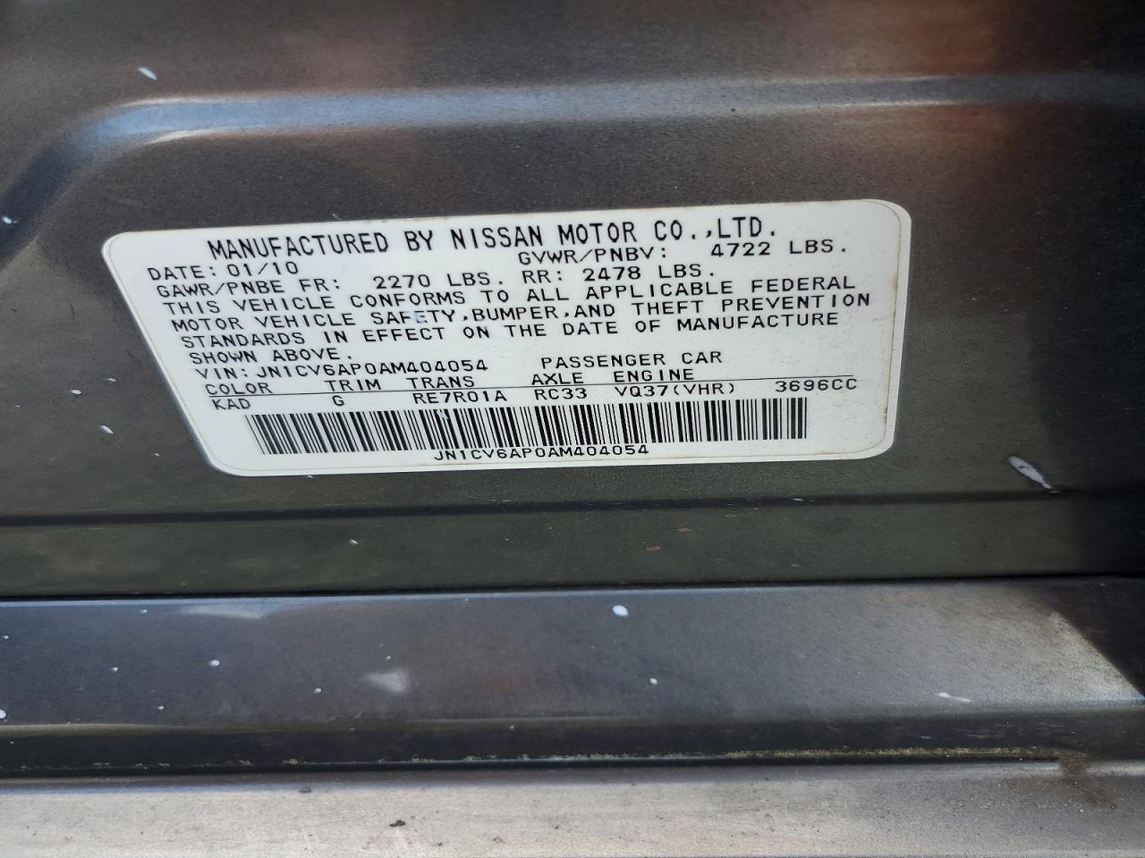 2010 Infiniti G37 Sedan Base Gray vin: JN1CV6AP0AM404054