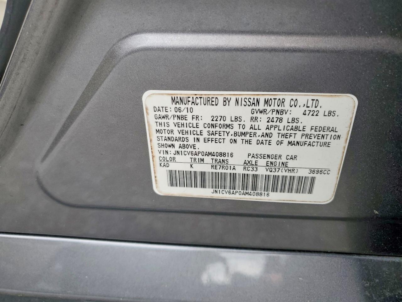 2010 Infiniti G37 Sedan Base Silver vin: JN1CV6AP0AM408816