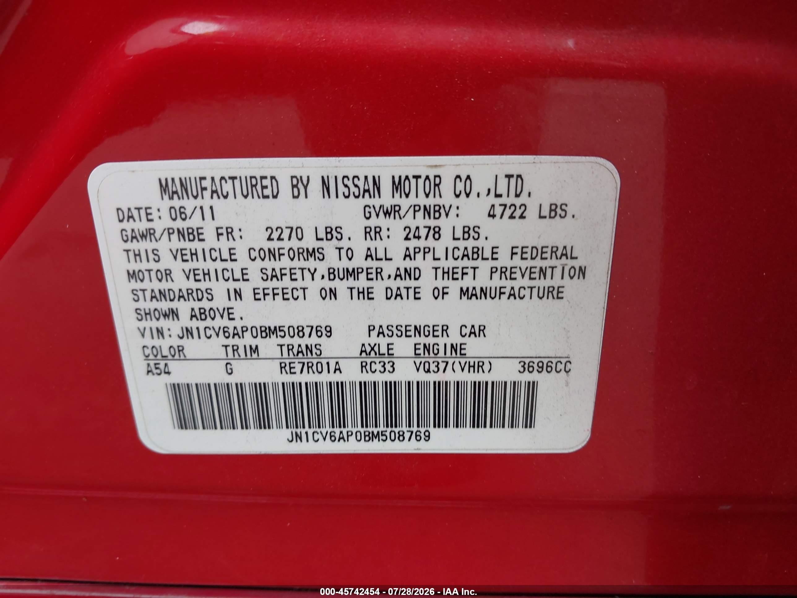 2011 Infiniti G37 Journey Red vin: JN1CV6AP0BM508769
