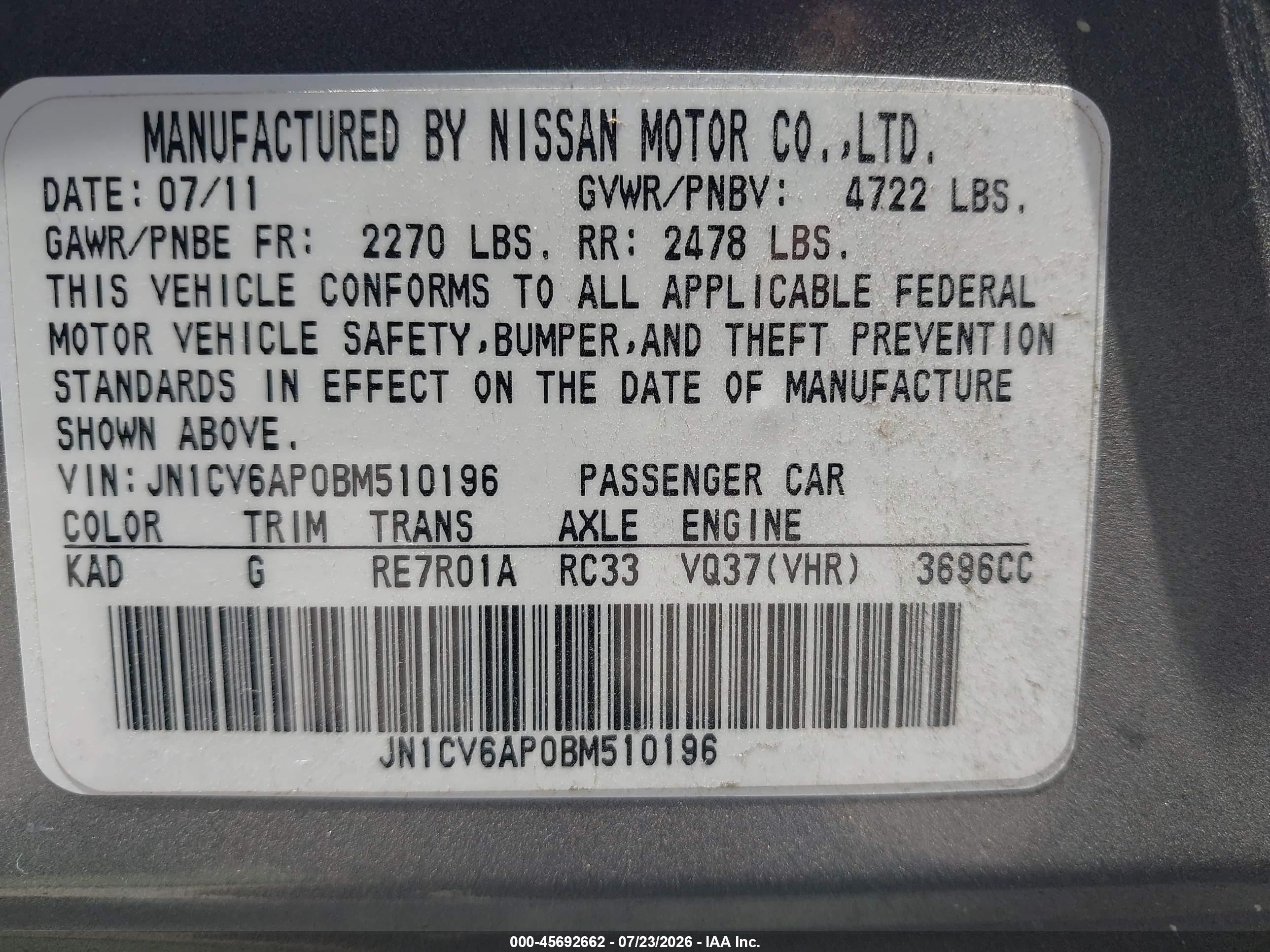 2011 Infiniti G37 Journey Green vin: JN1CV6AP0BM510196