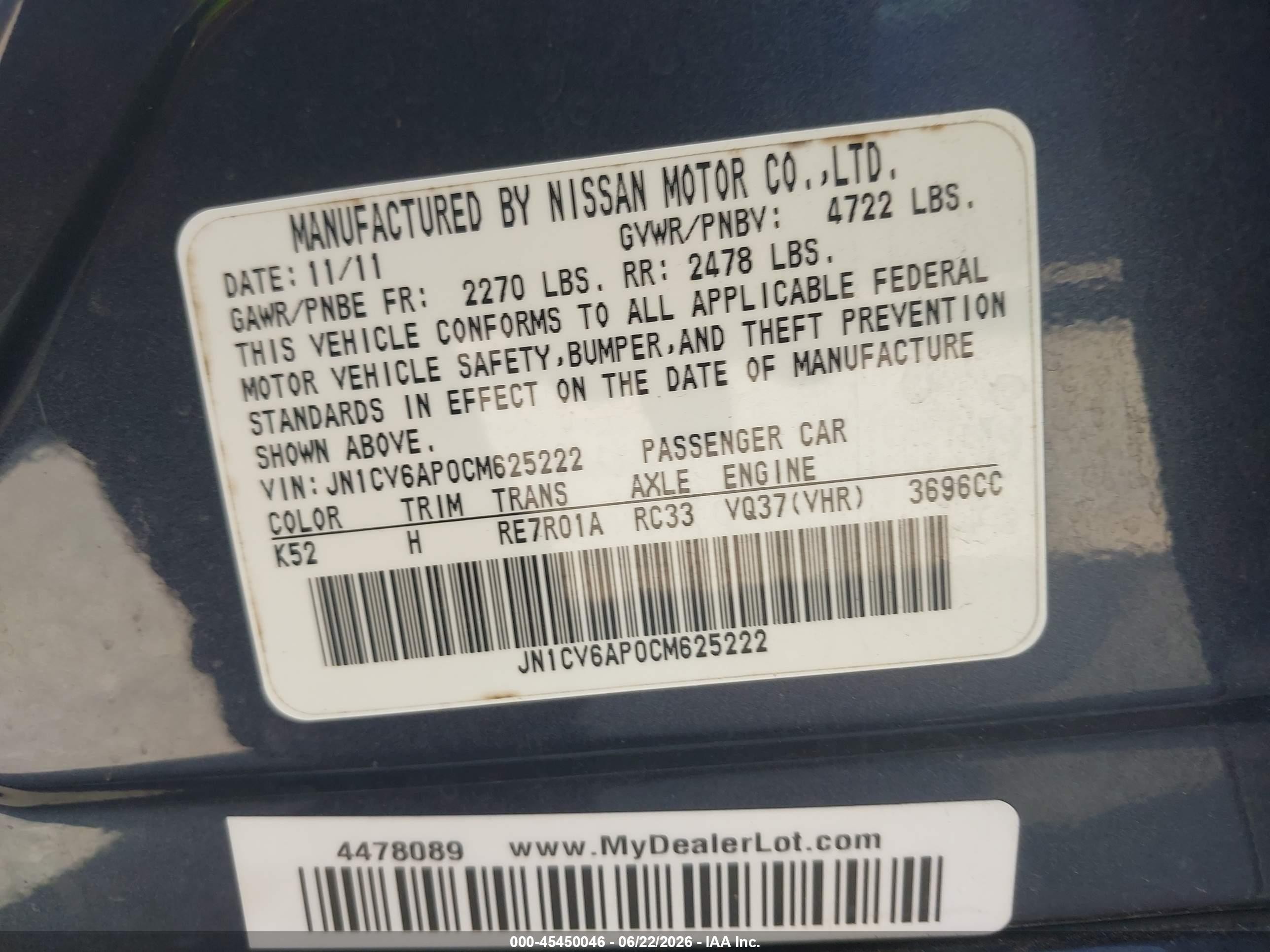 2012 Infiniti G37 Journey Gray vin: JN1CV6AP0CM625222