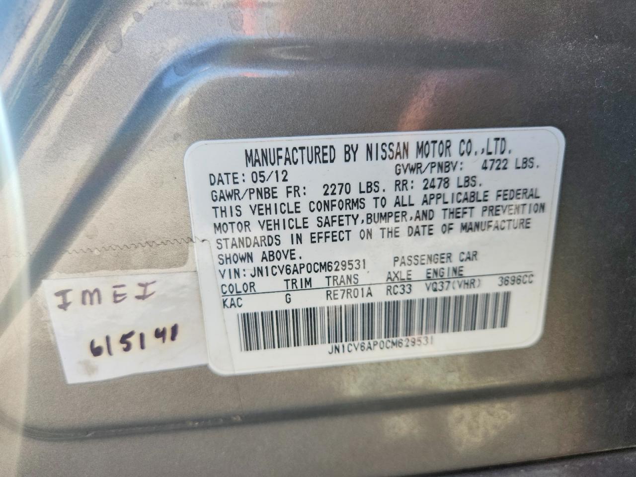 2012 Infiniti G37 Sedan Journey Gray vin: JN1CV6AP0CM629531