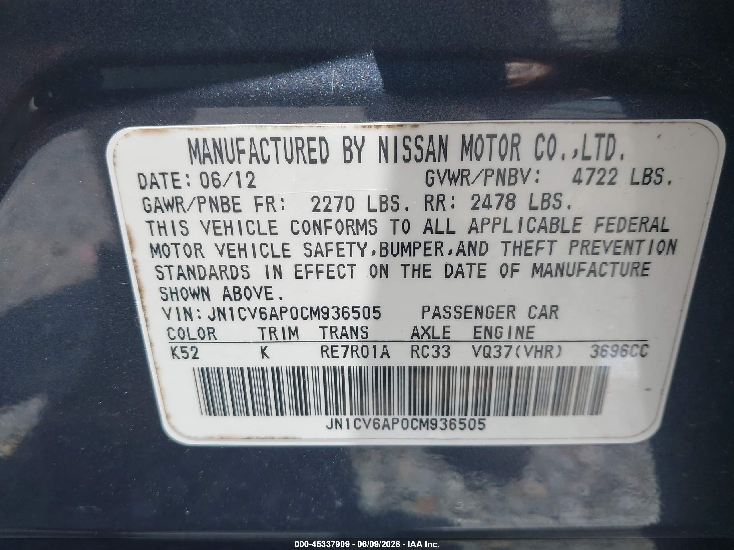 2012 Infiniti G37 Journey Blue vin: JN1CV6AP0CM936505