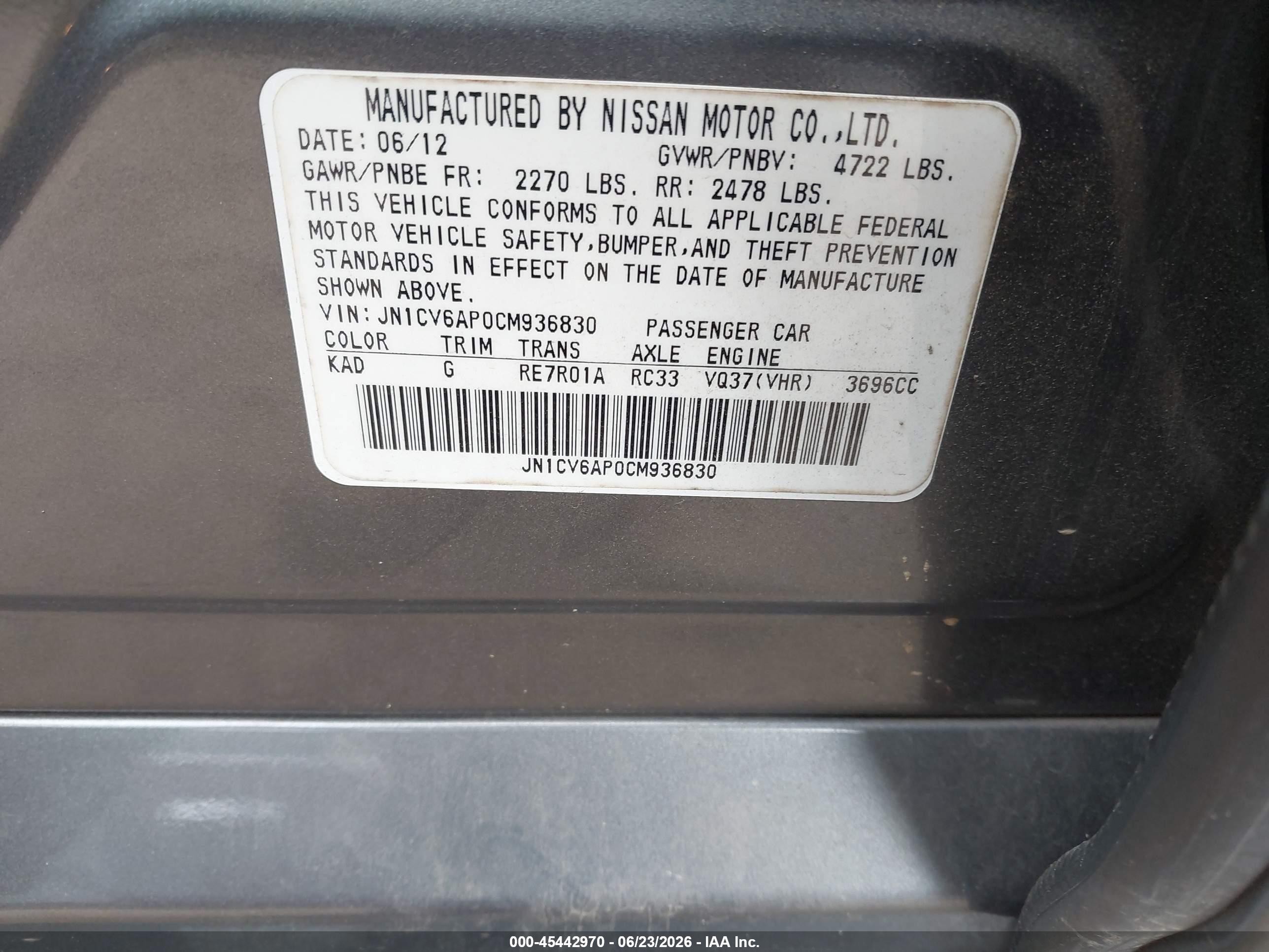 2012 Infiniti G37 Journey Gray vin: JN1CV6AP0CM936830