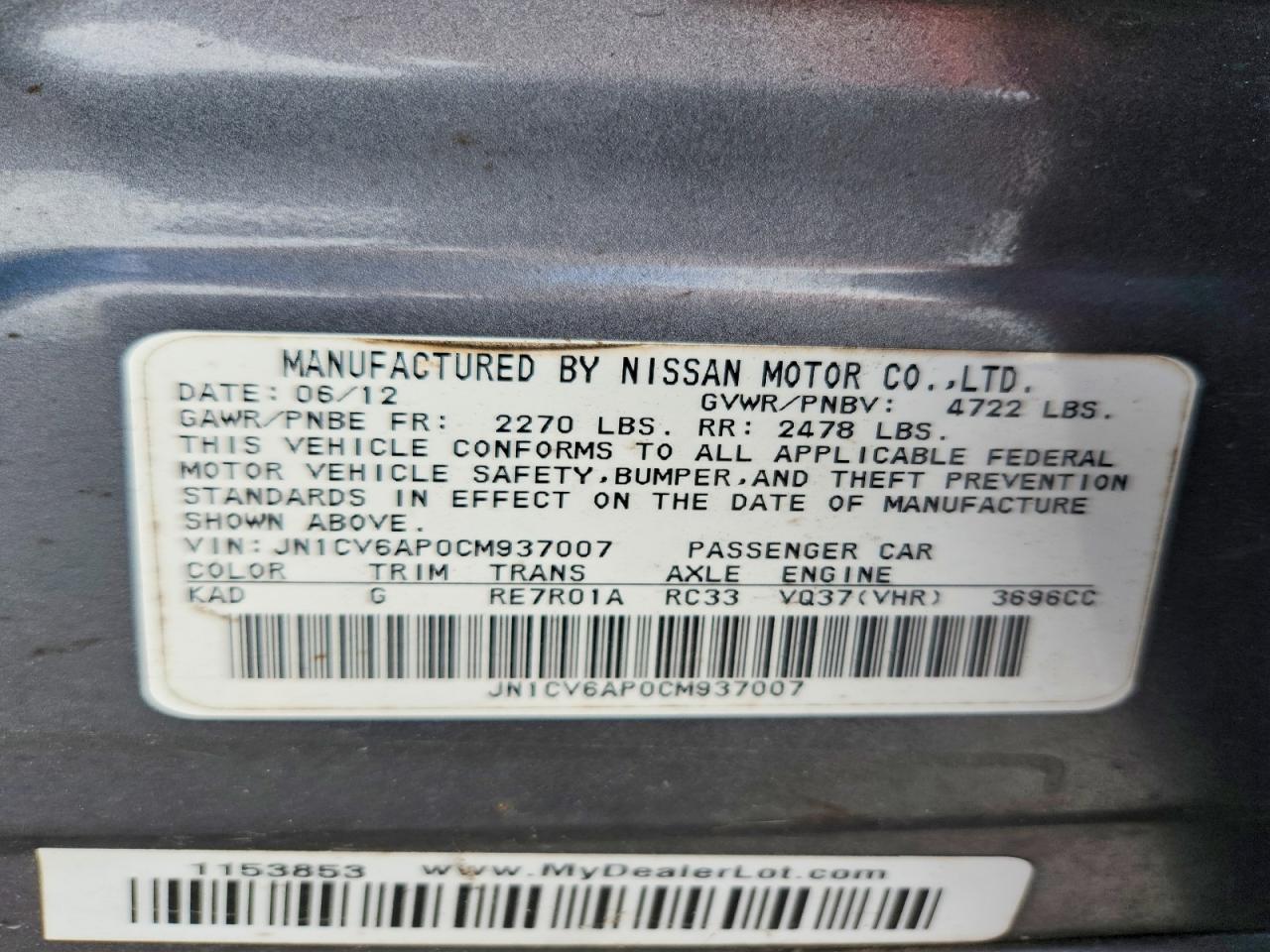2012 Infiniti G37 Sedan Journey Gray vin: JN1CV6AP0CM937007