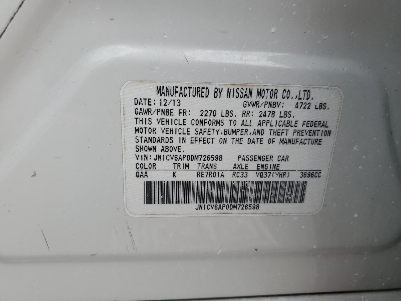 2013 Infiniti G37 Sedan Journey White vin: JN1CV6AP0DM726598