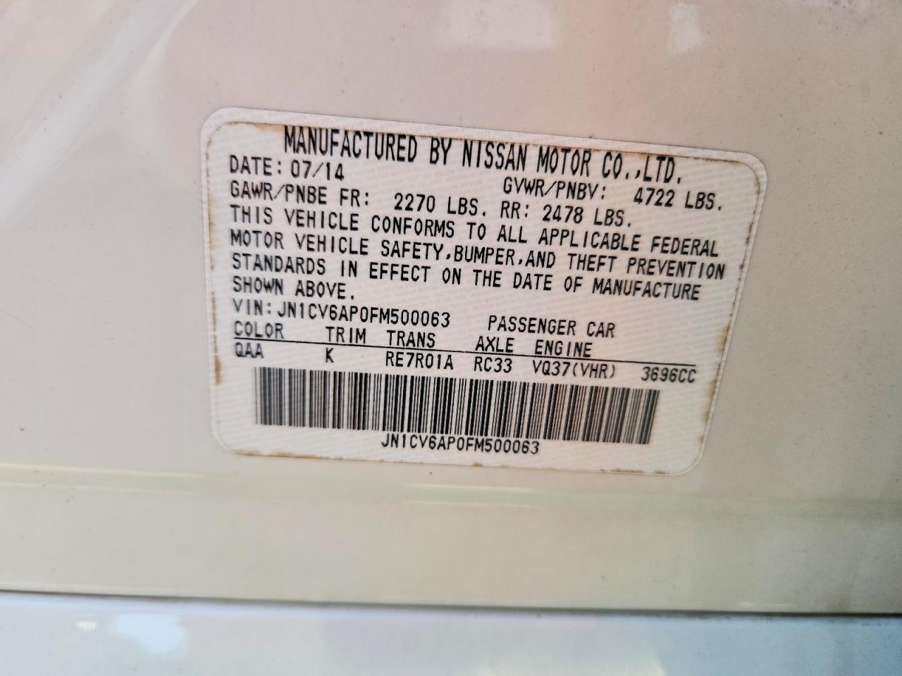 2015 Infiniti Q40 Base White vin: JN1CV6AP0FM500063