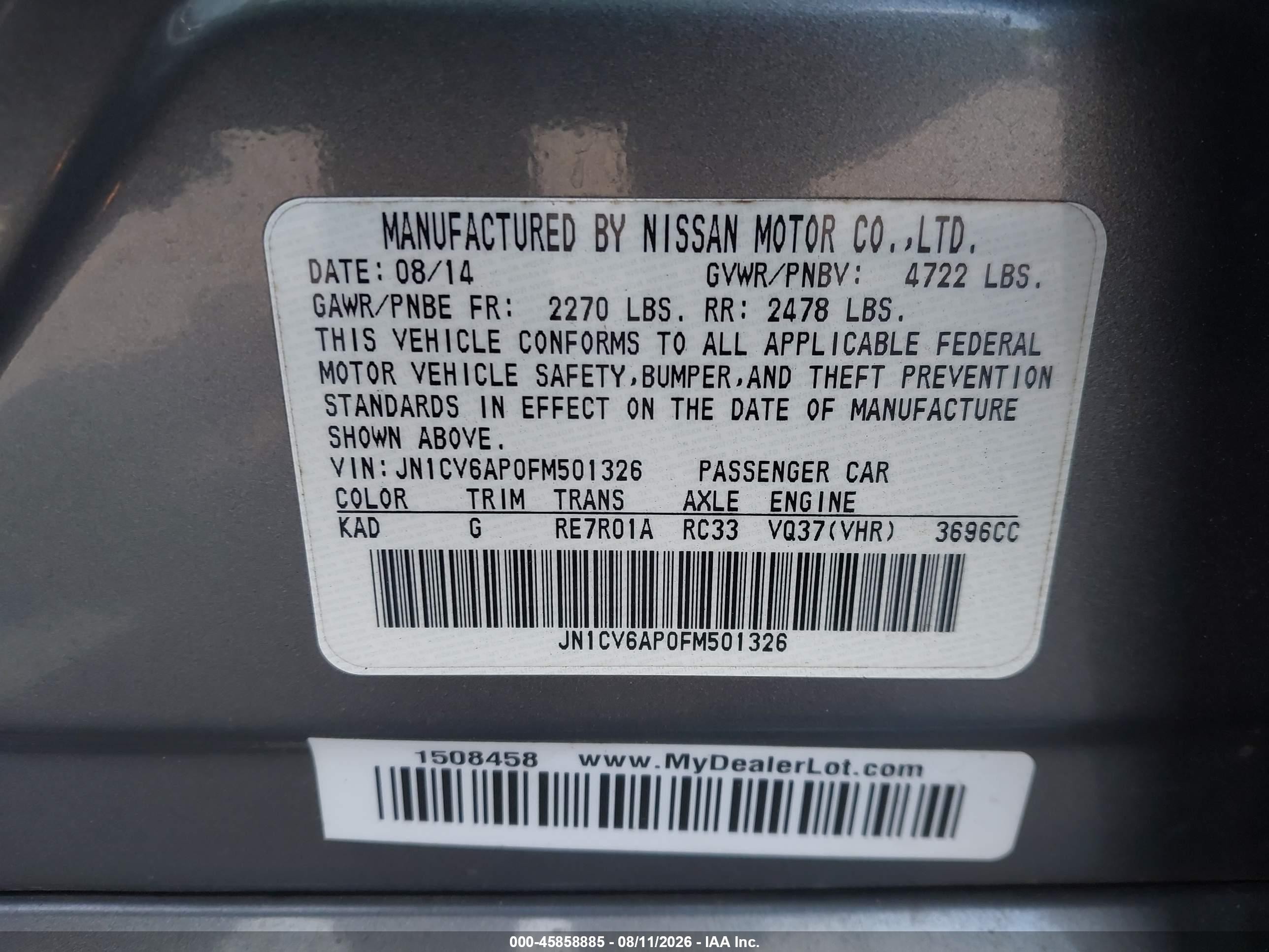 2015 Infiniti Q40   Gray vin: JN1CV6AP0FM501326