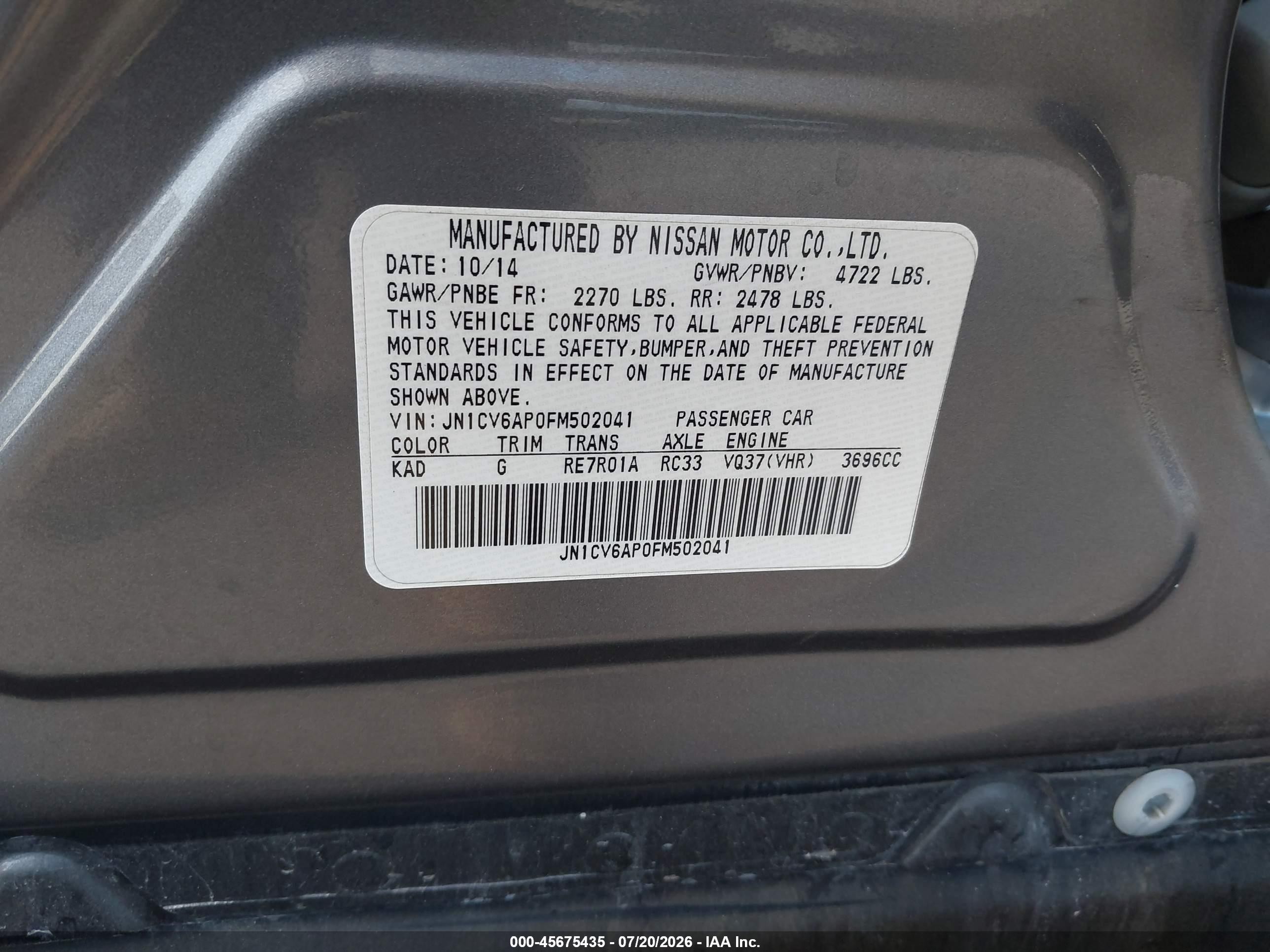 2015 Infiniti Q40   Gray vin: JN1CV6AP0FM502041